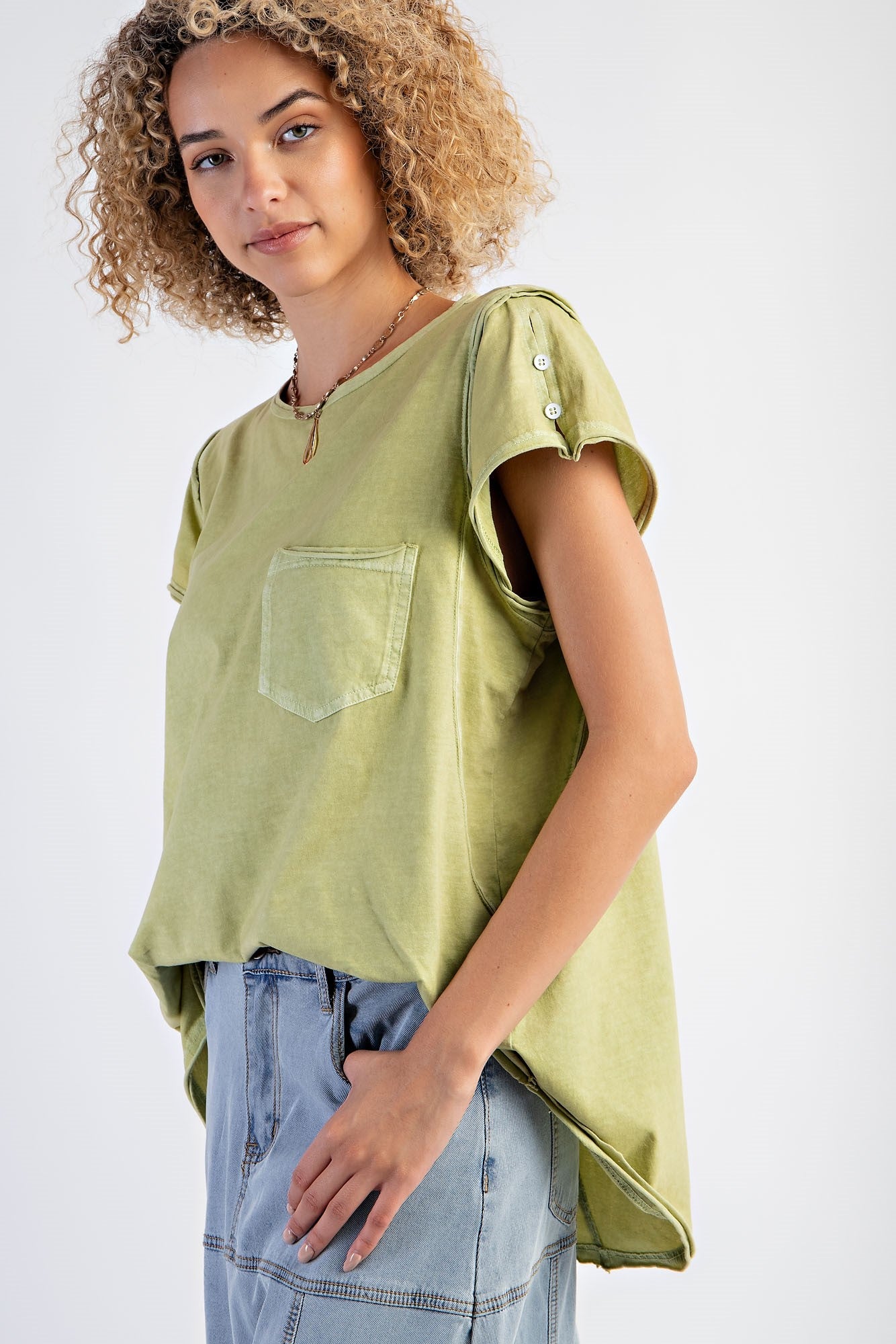 Mineral Washed Cotton Jersey Cap Sleeve Top in Green Tea - Buttercup Lynne Boutique