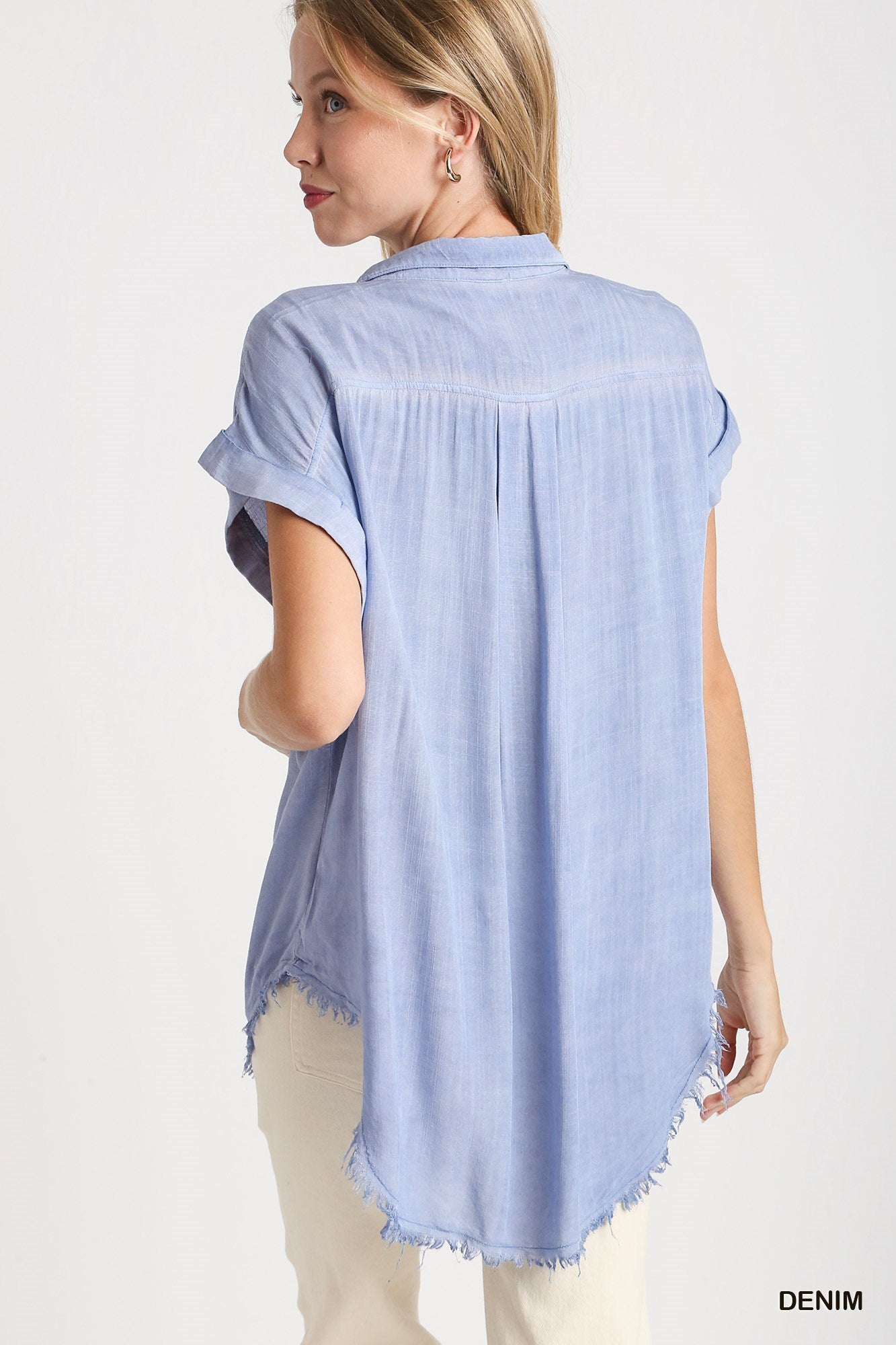 V-Neck Button Down Top with Frayed Hem - Denim - Buttercup Lynne Boutique