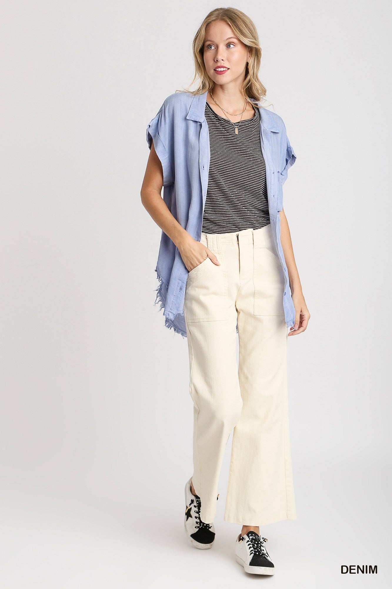 V-Neck Button Down Top with Frayed Hem - Denim - Buttercup Lynne Boutique