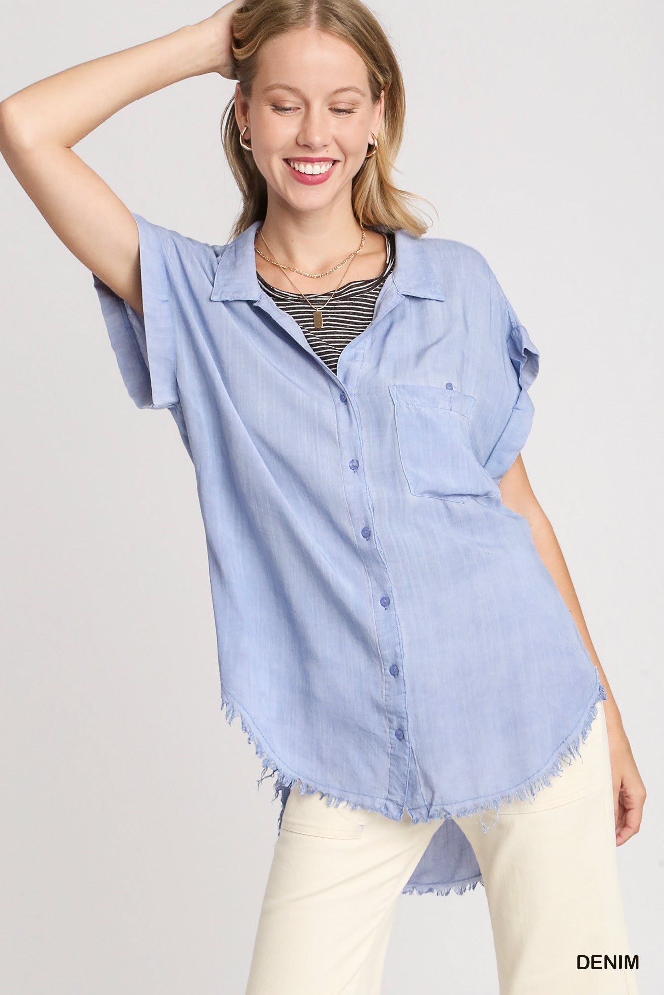 V-Neck Button Down Top with Frayed Hem - Denim - Buttercup Lynne Boutique