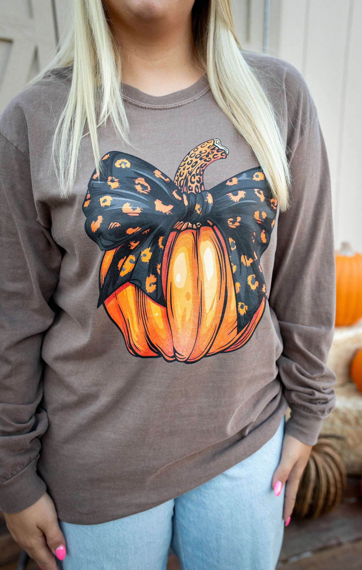 Leopard Pumpkin Espresso Long Sleeve Graphic Tee - Buttercup Lynne Boutique