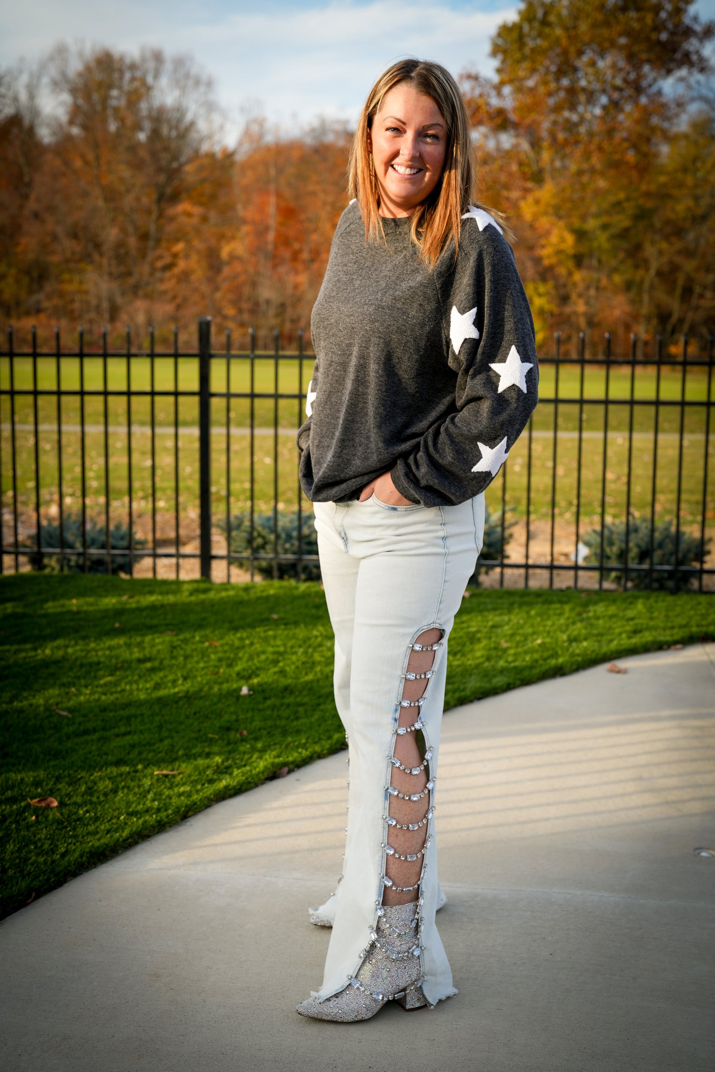 Denim Stretch Jeans Cut Out Sides With Jewels - Buttercup Lynne Boutique