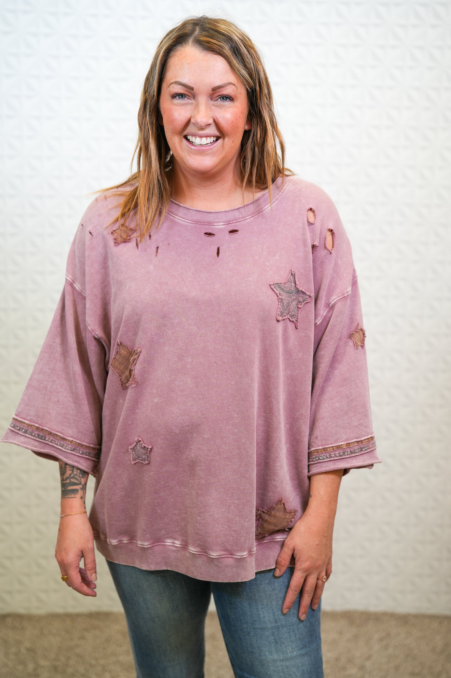 Star Patch Work Distressed Top - Faded Plum - Buttercup Lynne Boutique
