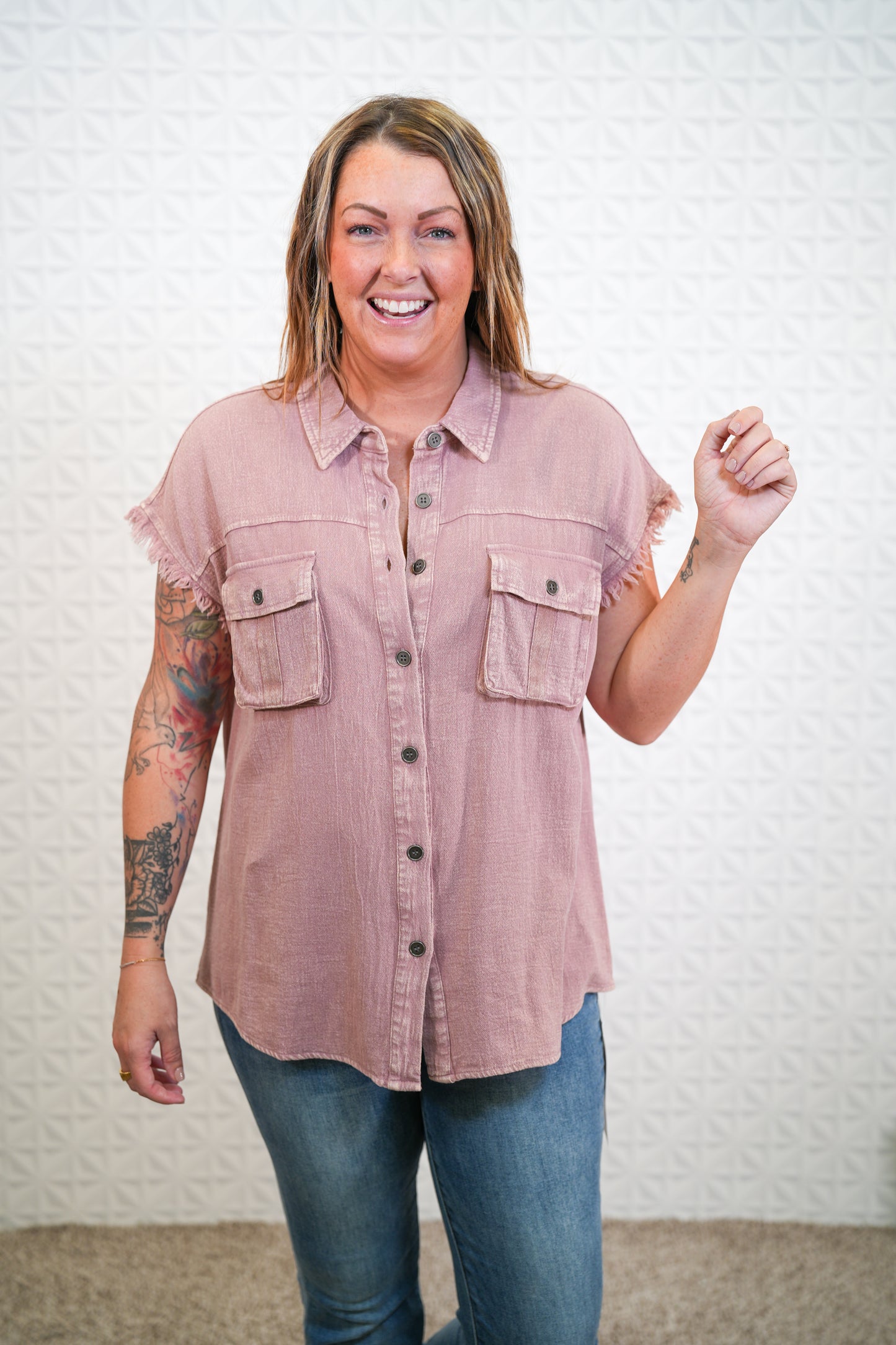 Raw Edge Cap Sleeve Mineral Washed Top - Buttercup Lynne Boutique