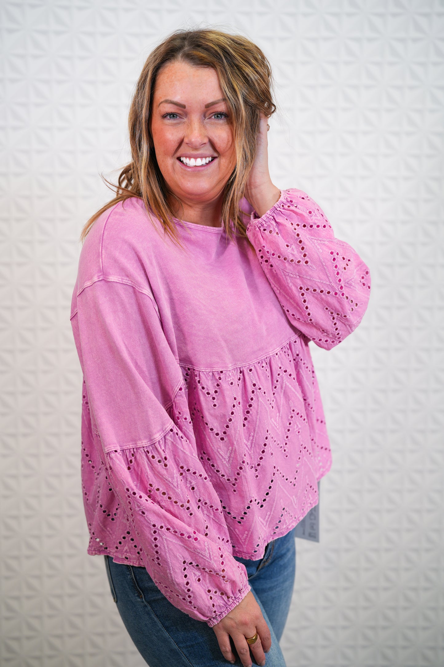 Eyelet Lace Babydoll Tunic - Khaki and Malibu Pink - Buttercup Lynne Boutique