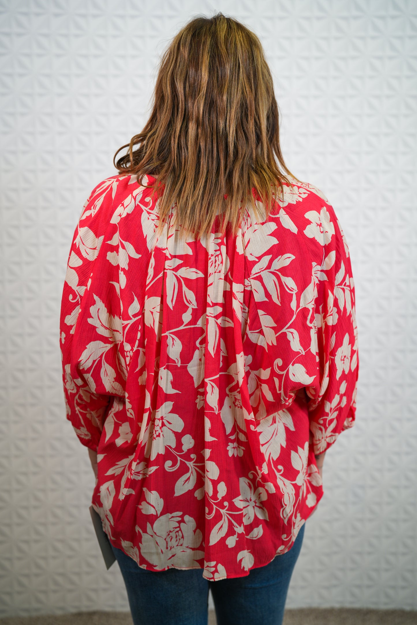 Printed Peach Blossom Woven V Neck Top - Dolman Sleeves Color - Coral - Buttercup Lynne Boutique
