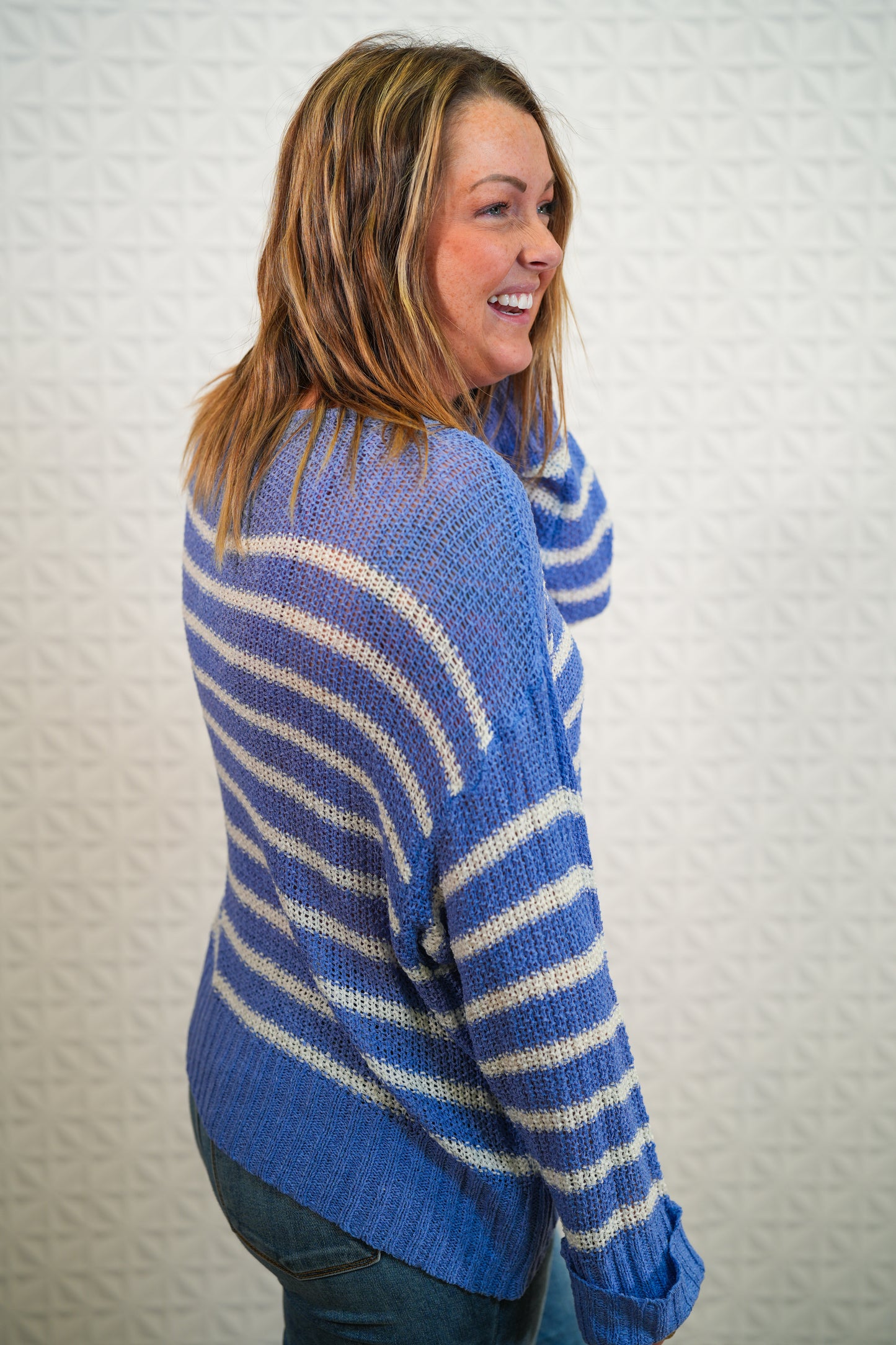 Knitted Sweater - Relaxed Fit - Periwinkle with White Stripes - Buttercup Lynne Boutique