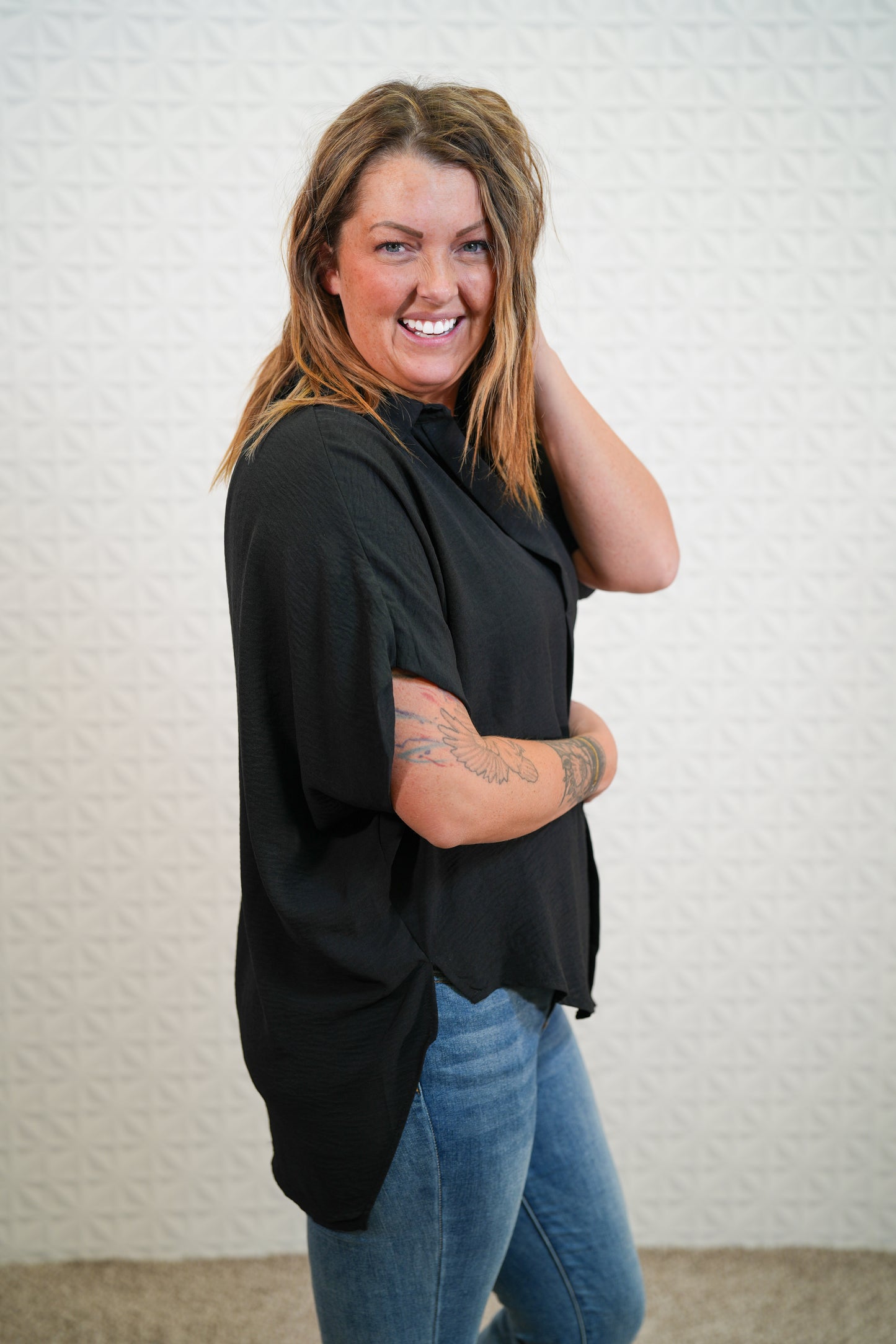 Oversized Hi-Low Button Down Top - Black - Buttercup Lynne Boutique