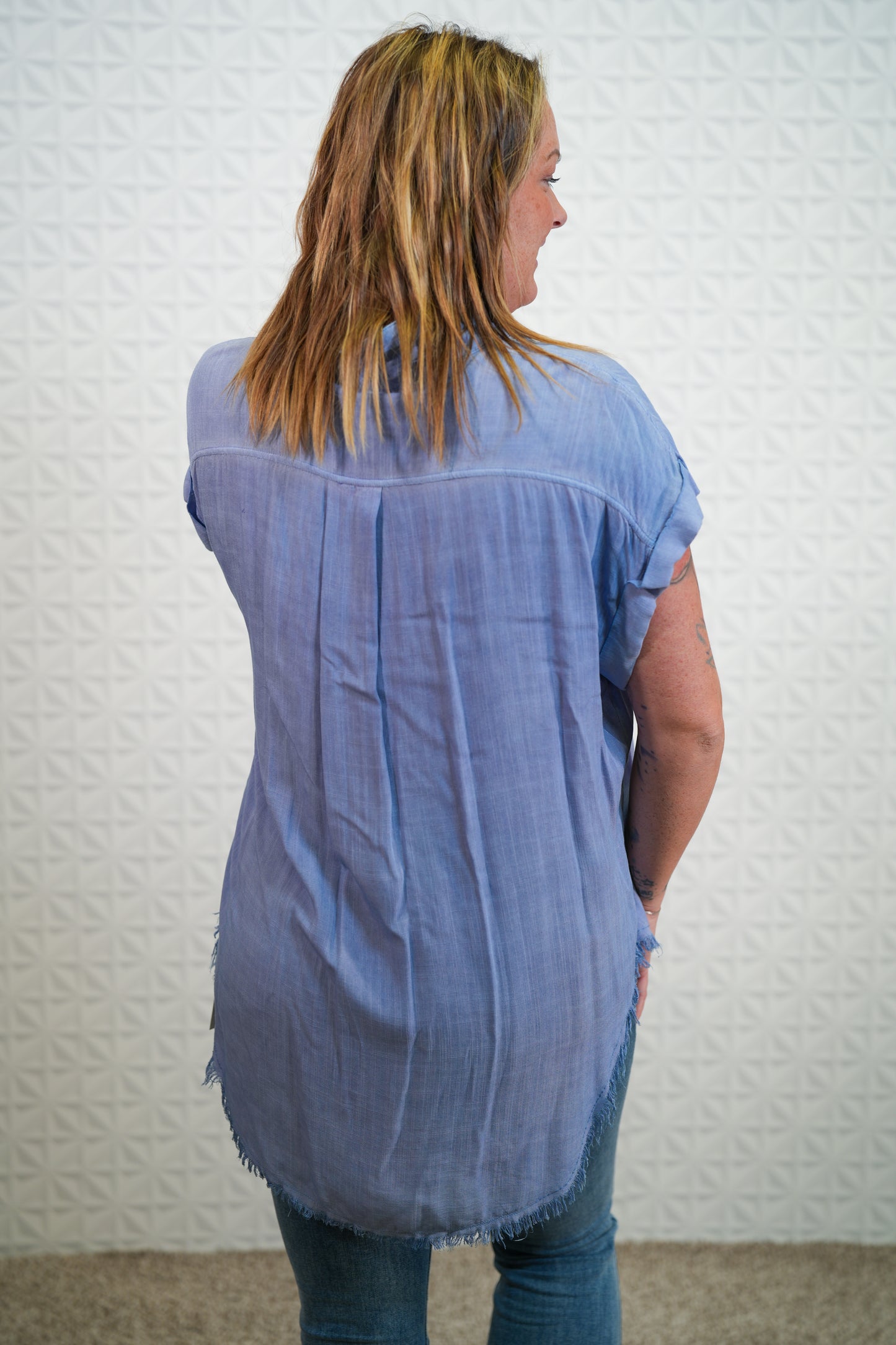 V-Neck Button Down Top with Frayed Hem - Denim - Buttercup Lynne Boutique
