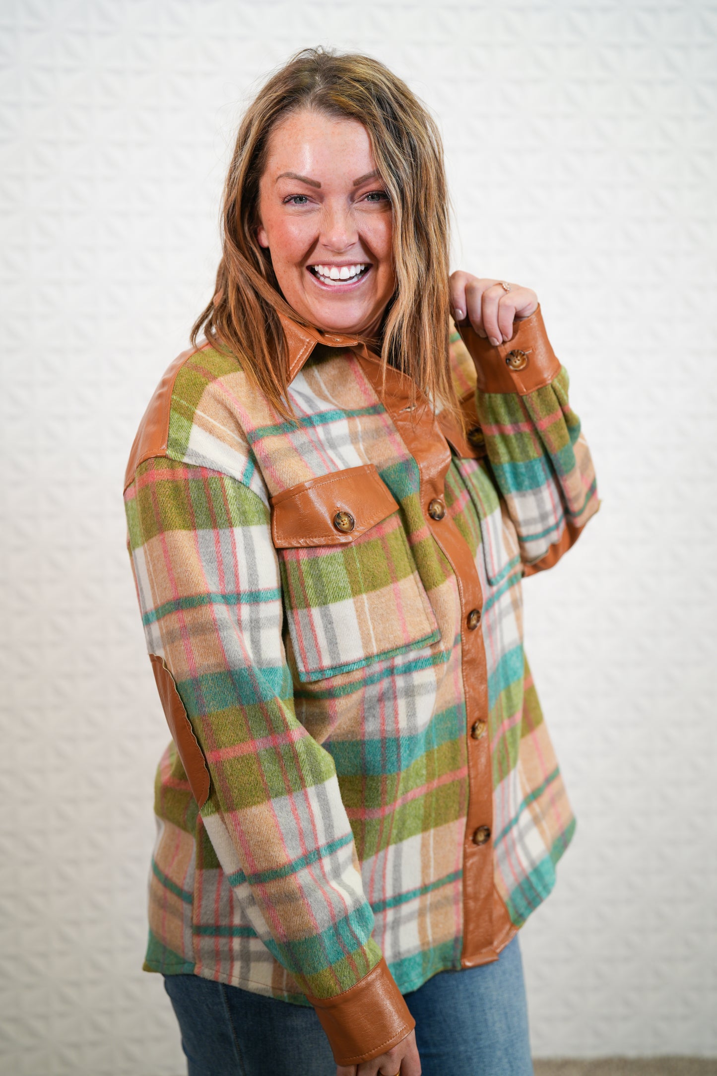 Plaid Button Down Shacket - Green - Brown - Buttercup Lynne Boutique