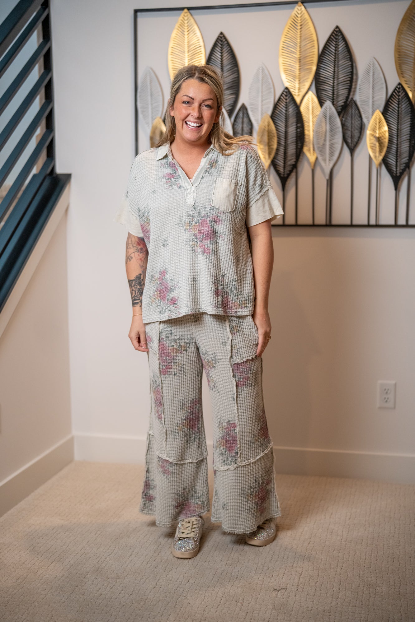 woman wearing floral waffle knit matching set relaxed fit easel