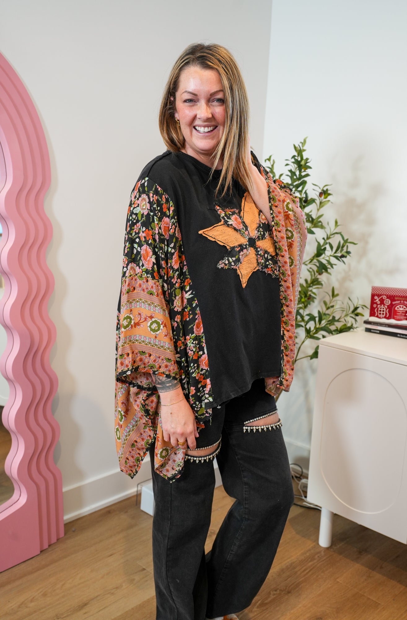 Everyday Beauty Print Mix Poncho Top - Buttercup Lynne Boutique