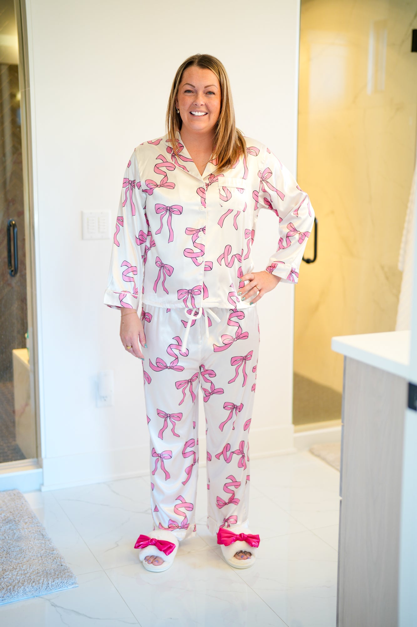 Pink Bow Satin Pajamas - Buttercup Lynne Boutique
