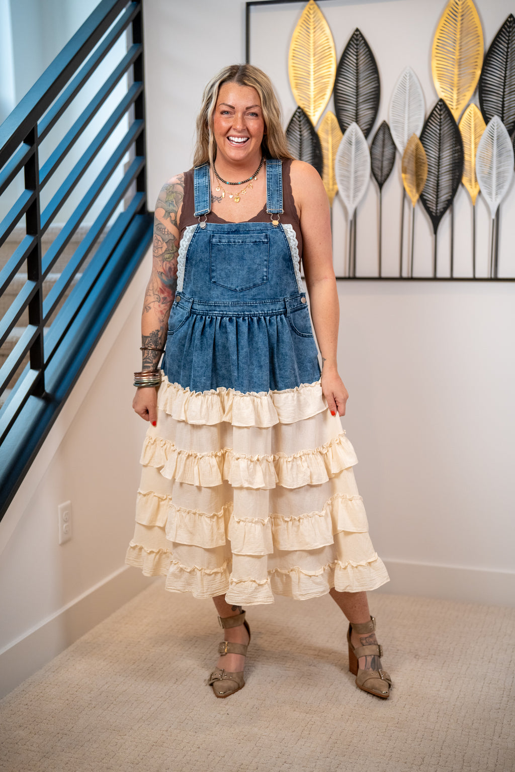 denim overall dress Mello with Ruffle Skirt custom_Sherri Hill Spring 2025 Collection Color:Sand Suede Bride Dark Blue Wedding The Denim Overall Dress