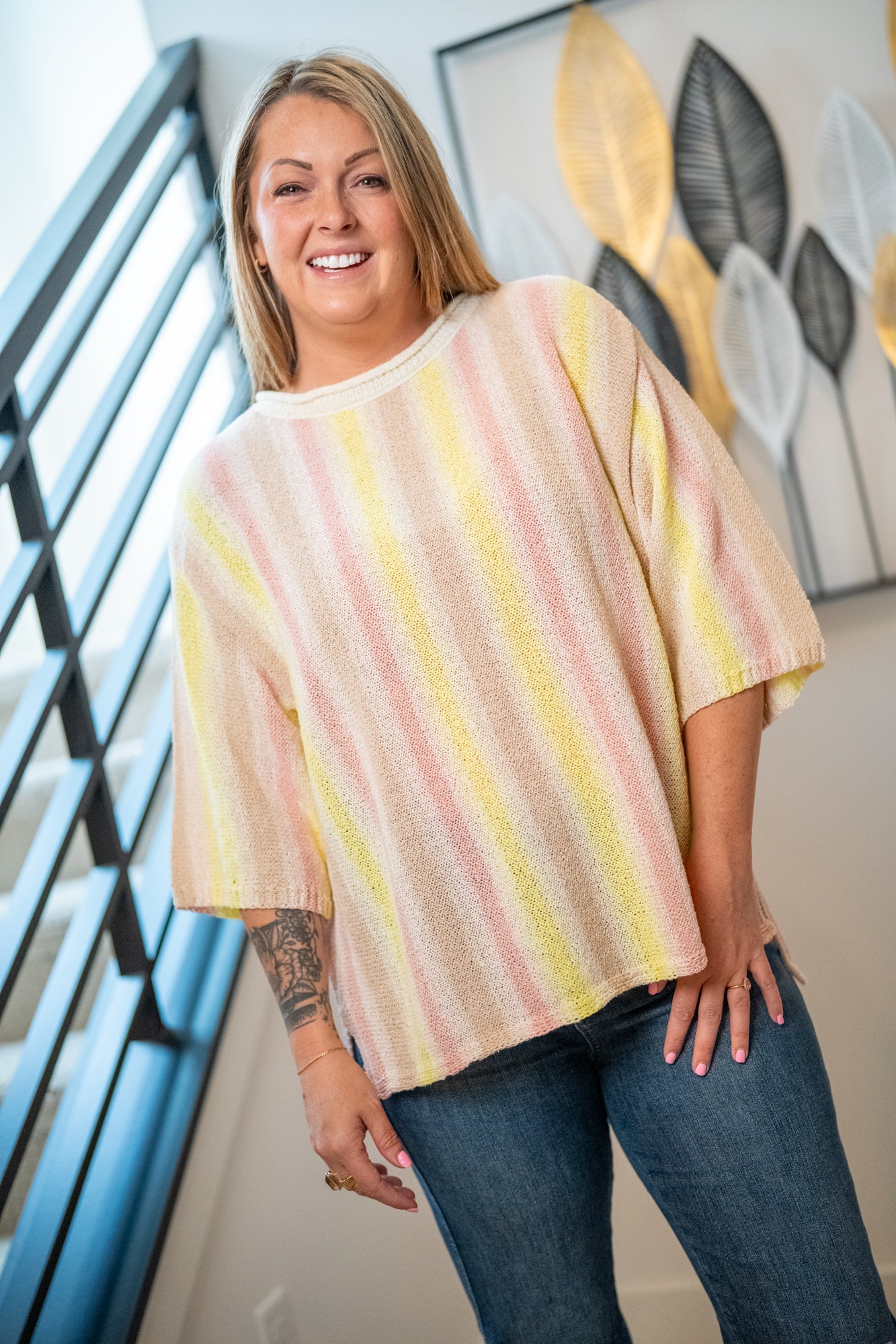 Easel Lemon Taupe Striped Knit Tunic Top - Buttercup Lynne Boutique