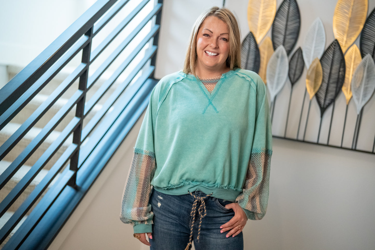 Oli & Hali Washed Mesh Sleeve Pullover