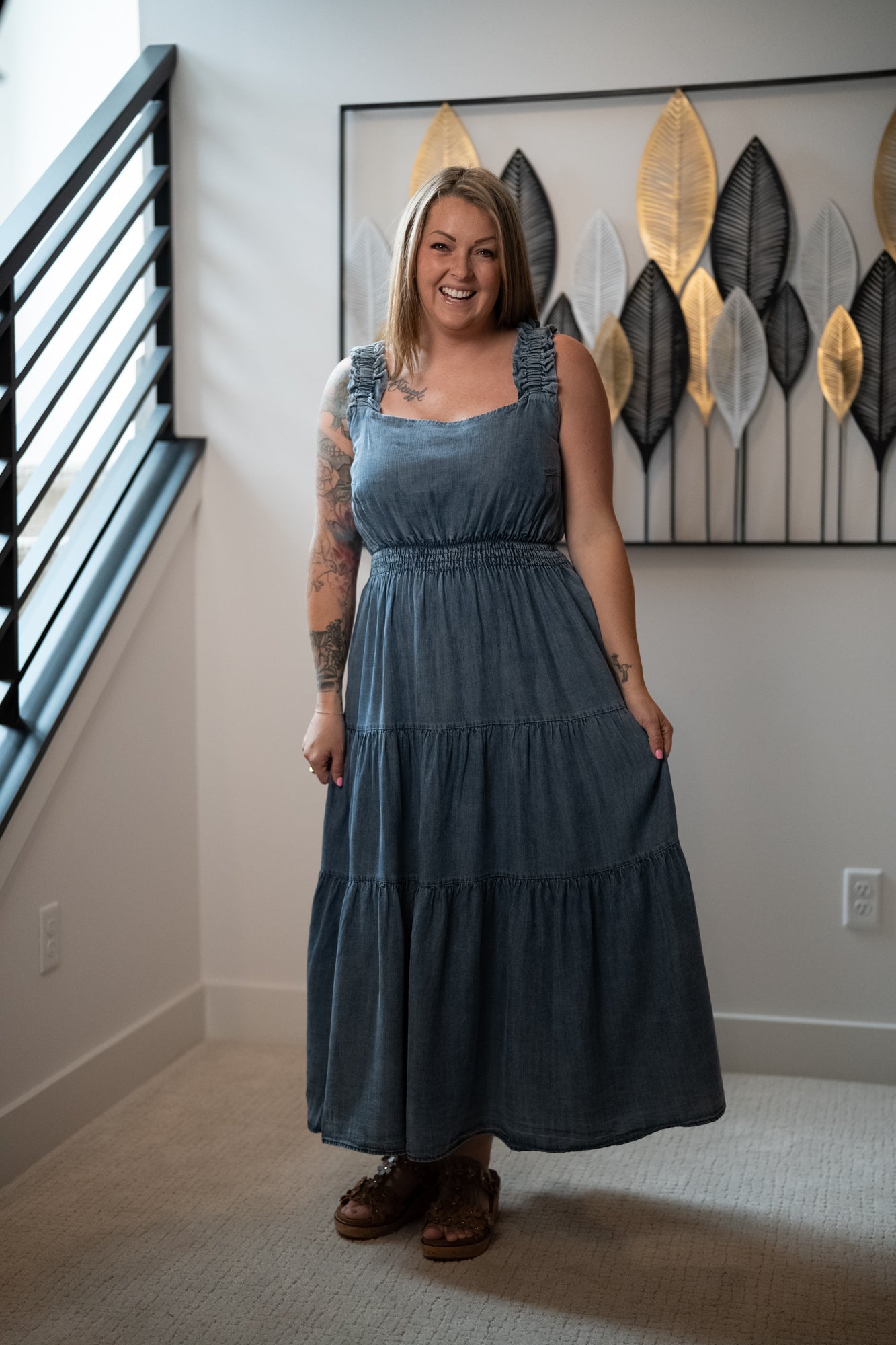 Easel Washed Chambray Tiered Maxi Dress - Buttercup Lynne Boutique