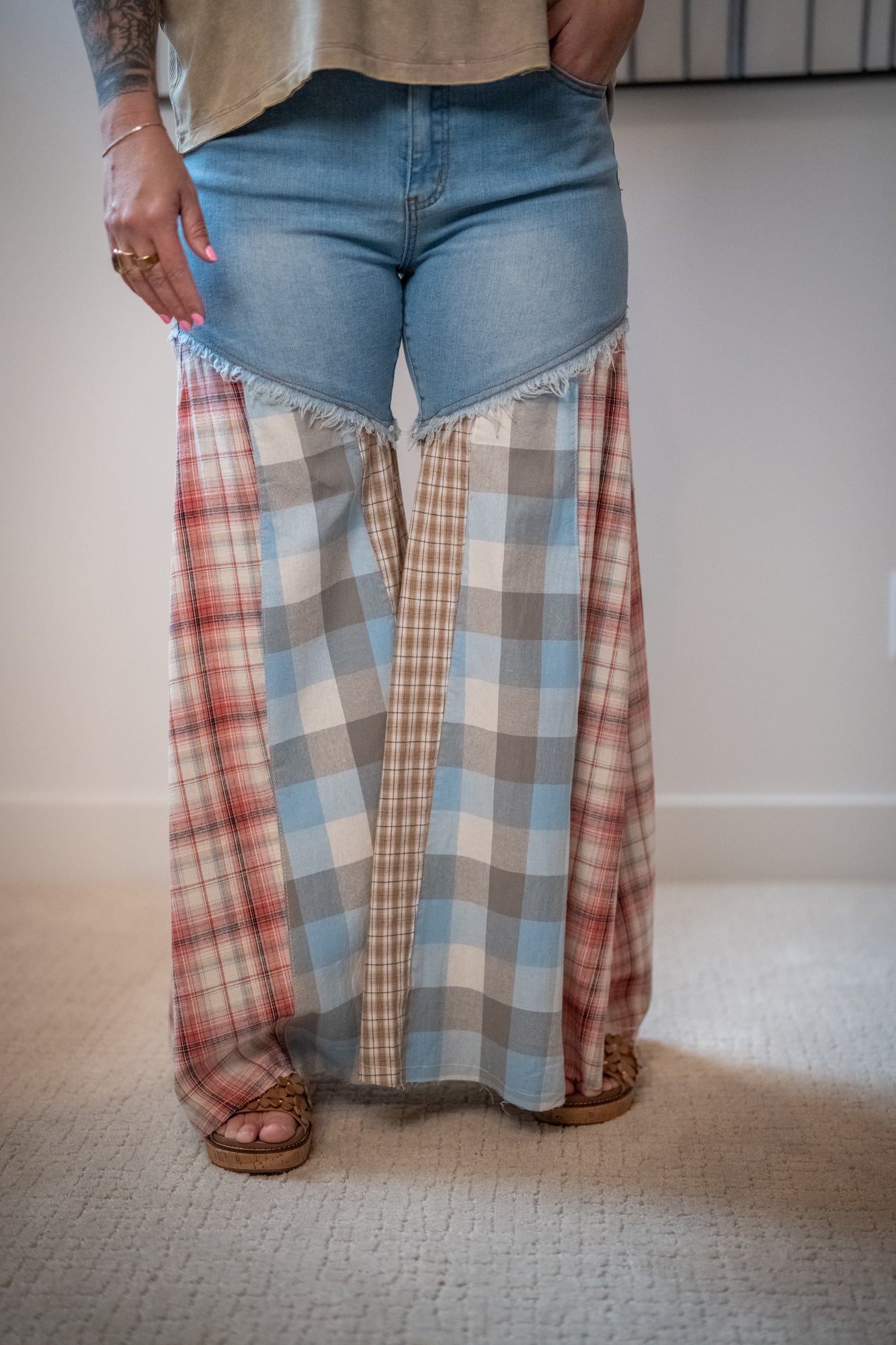 Easel Plaid Mix Washed Denim Pants - Buttercup Lynne Boutique