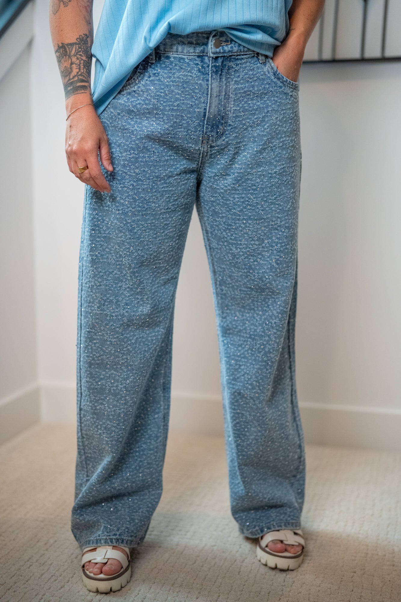 Washed All Over Rhinestone Embellished Denim Jeans - Buttercup Lynne Boutique