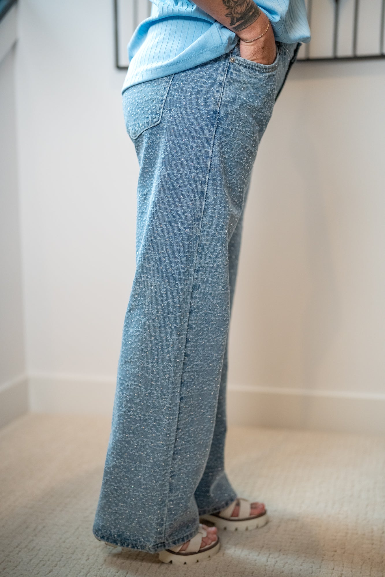 Washed All Over Rhinestone Embellished Denim Jeans - Buttercup Lynne Boutique
