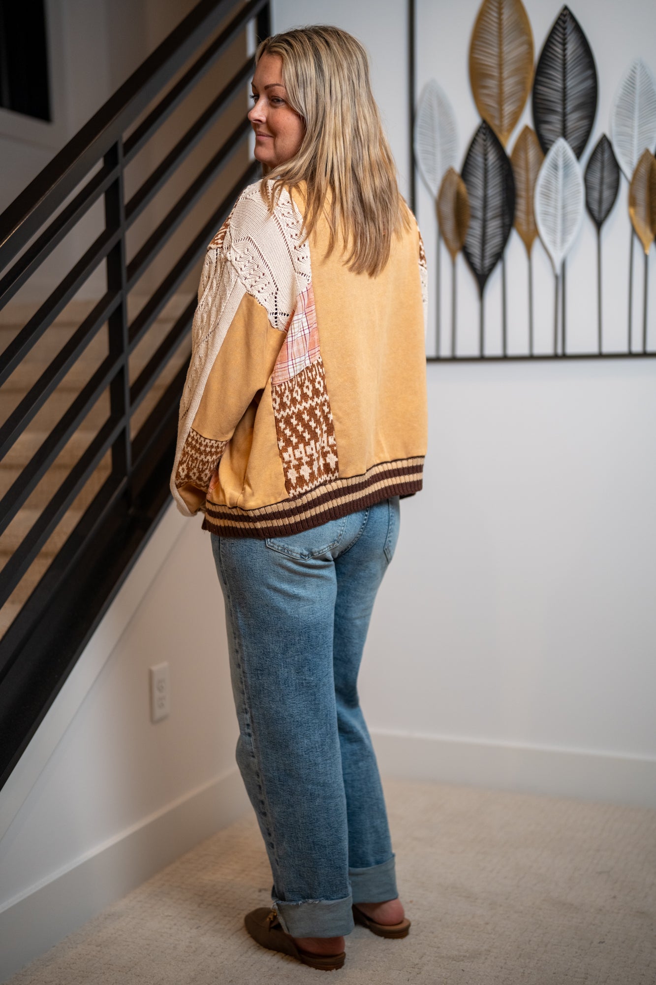 Oli & Hali Washed Fabric Mix Sweater Top in Coffee