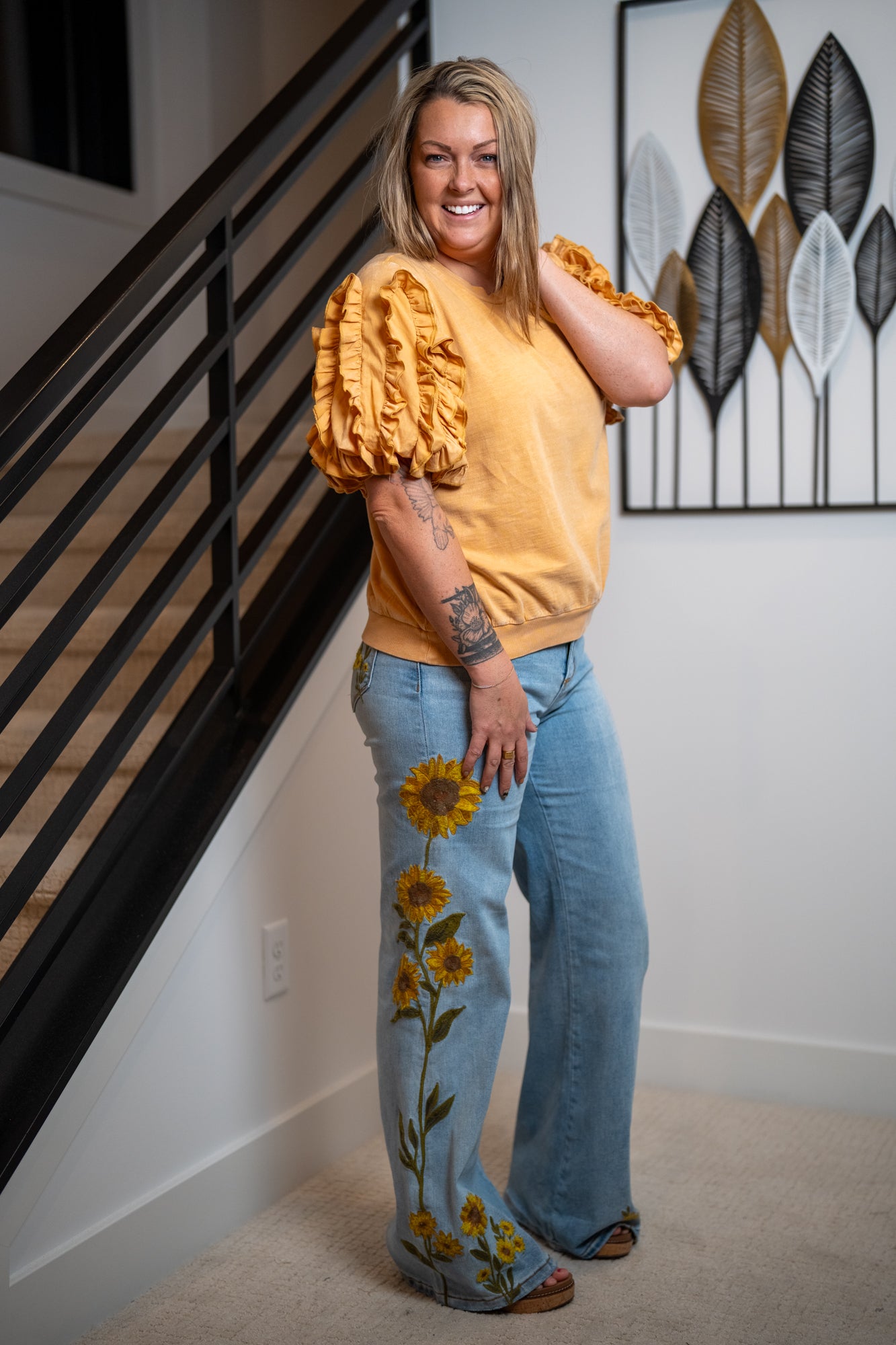 Easel Ruffled Sleeve Mineral Washed Top