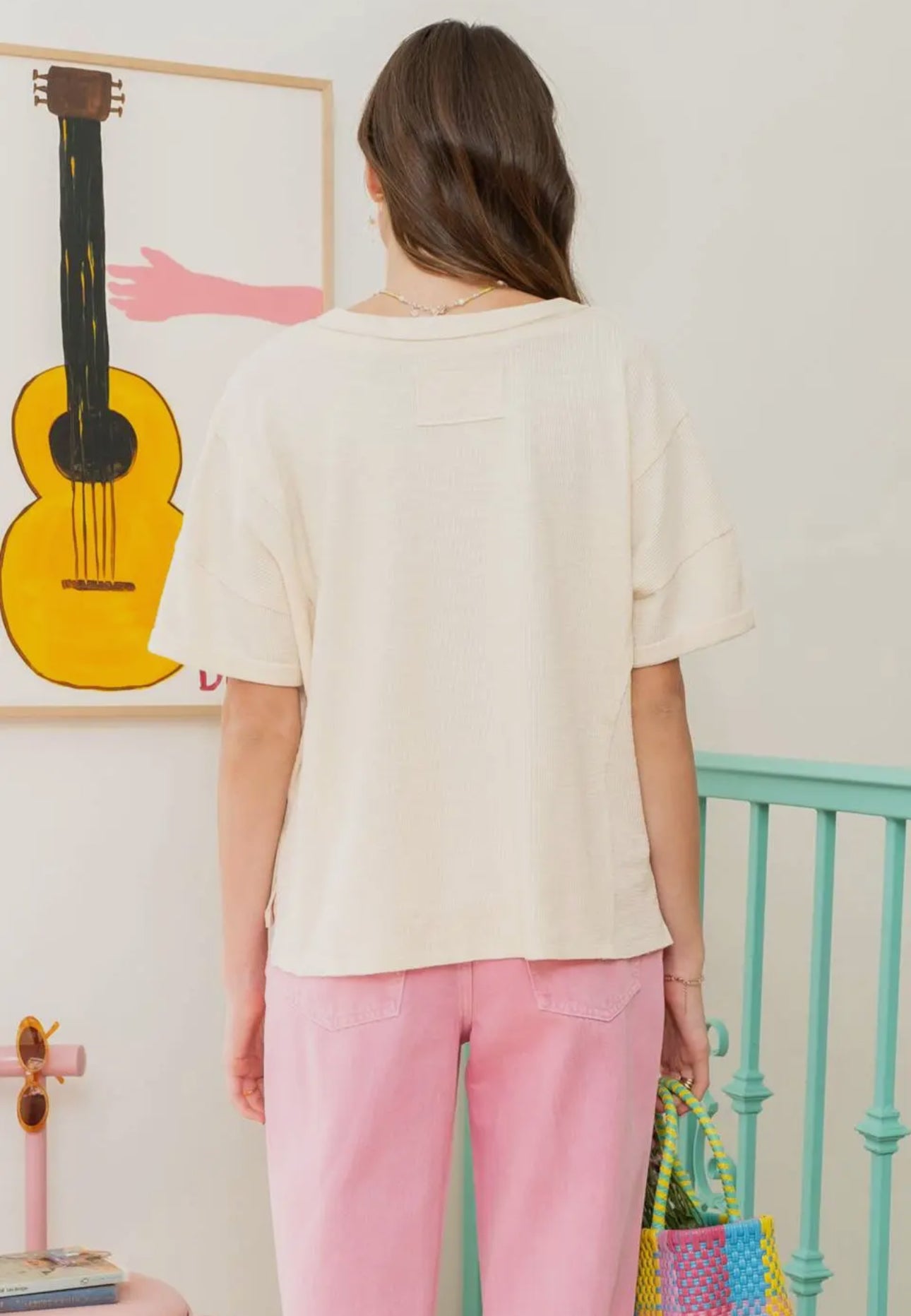 V Neck Knit Top - Raw Edge Side Slit - Cream - Buttercup Lynne Boutique