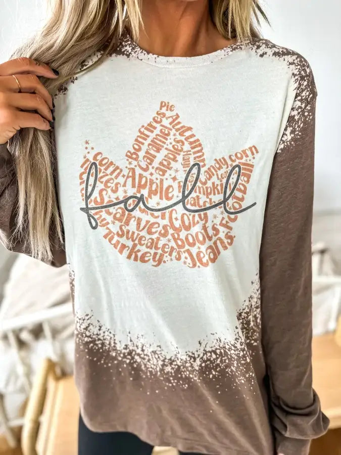 Fall Leaf Bleached Long Sleeve Graphic Tee - Buttercup Lynne Boutique