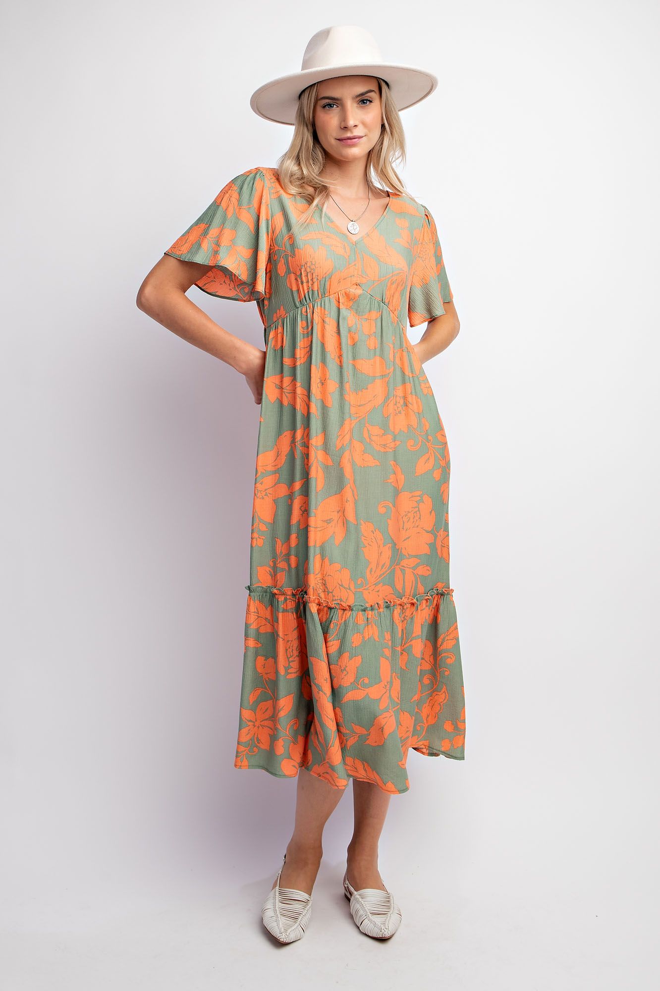 Voile Maxi Dress - Short Sleeve - Sage and Orange Floral - Buttercup Lynne Boutique