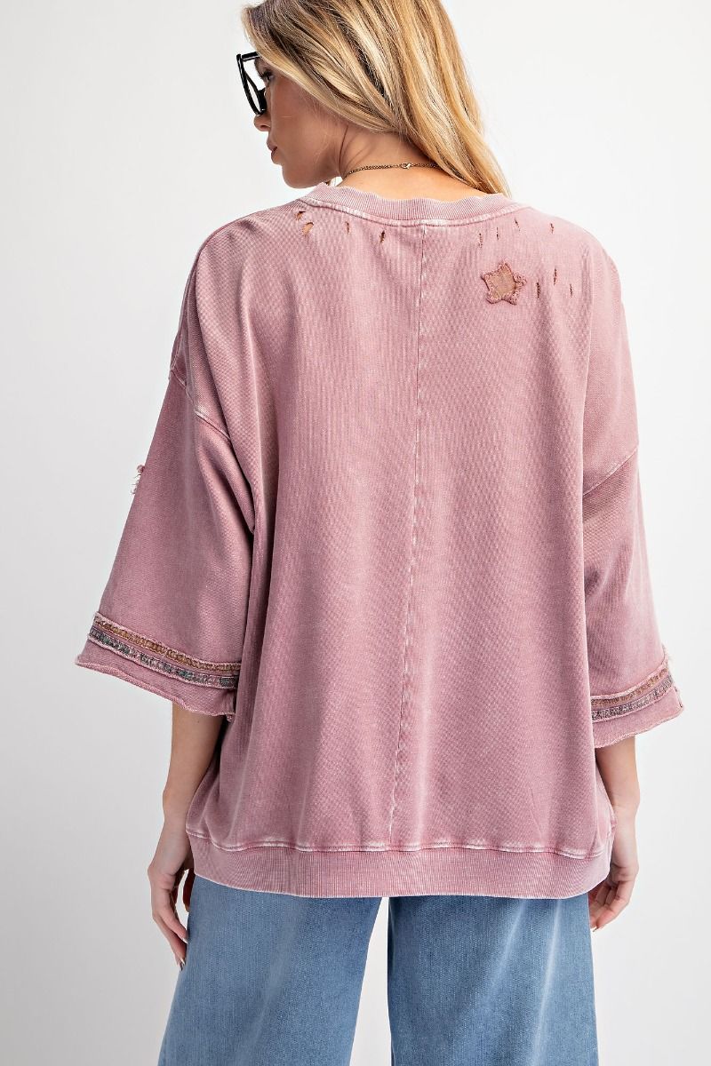 Star Patch Work Distressed Top - Faded Plum - Buttercup Lynne Boutique
