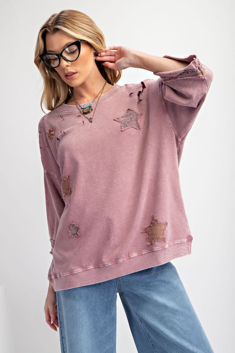 Star Patch Work Distressed Top - Faded Plum - Buttercup Lynne Boutique