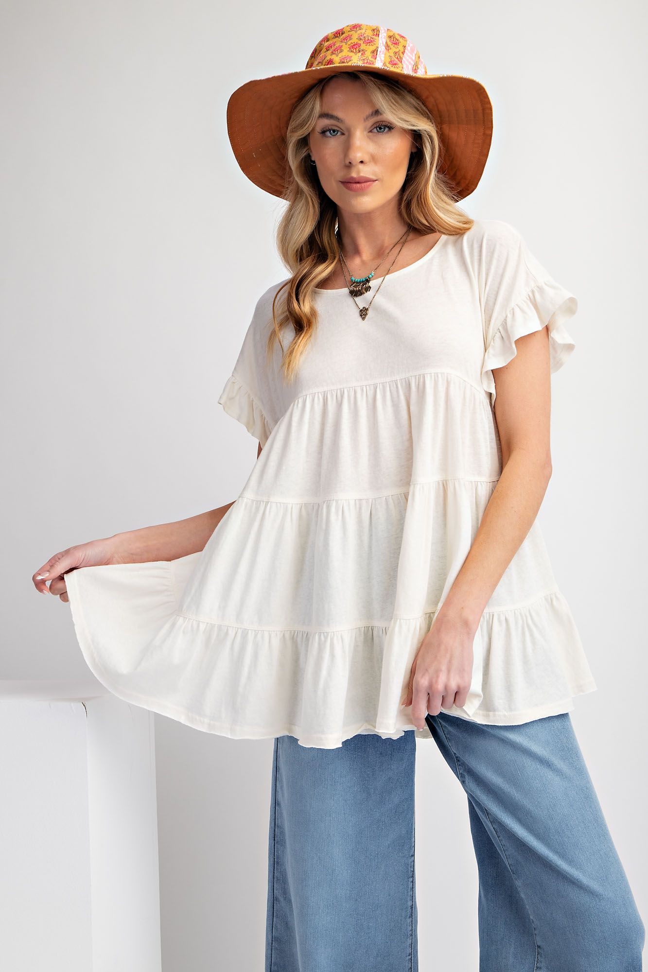 Short Sleeve Slub Tunic in Ivory - Buttercup Lynne Boutique