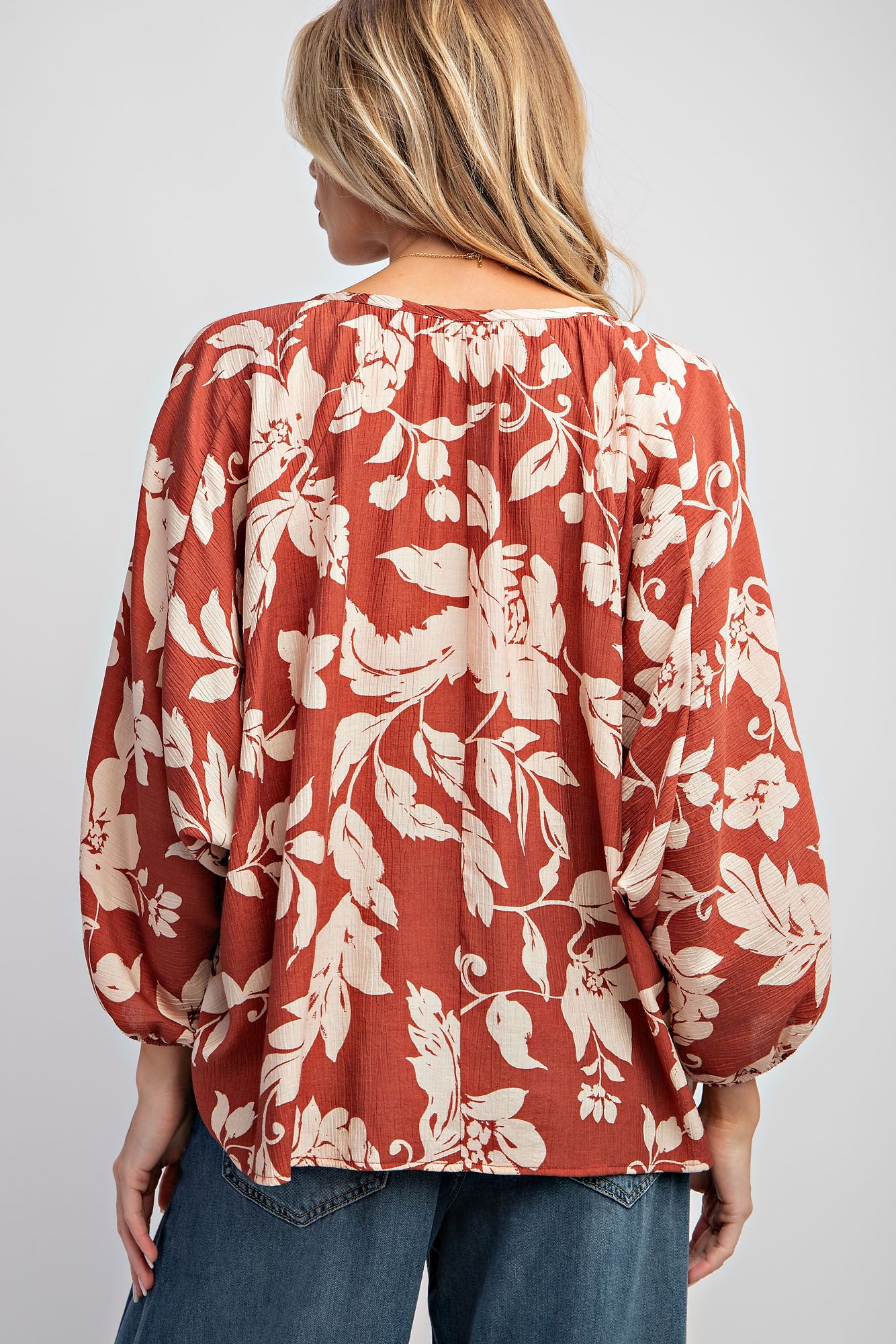 Printed Peach Blossom Woven V Neck Top - Dolman Sleeves Color - Coffee - Buttercup Lynne Boutique