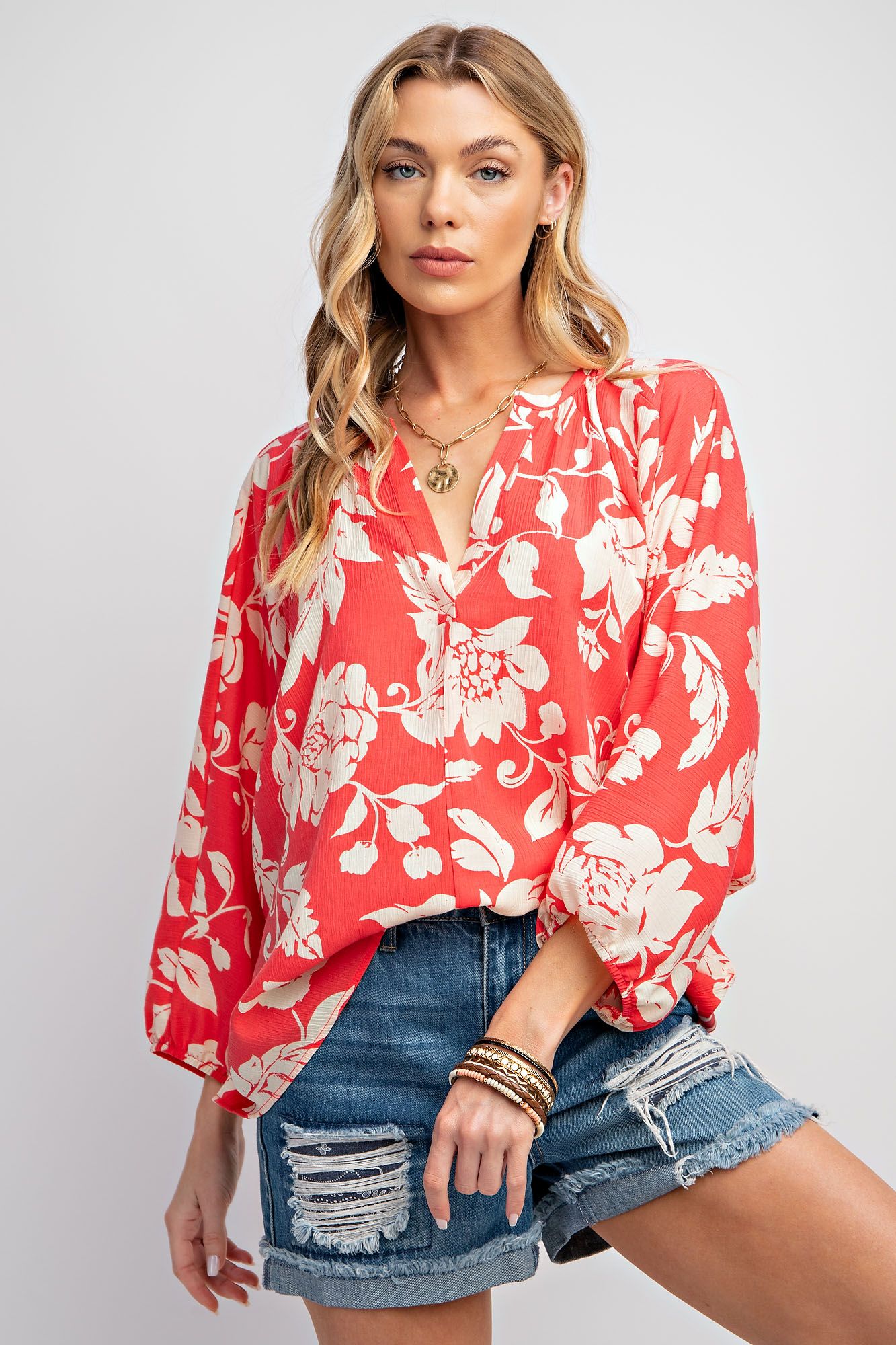 Printed Peach Blossom Woven V Neck Top - Dolman Sleeves Color - Coral - Buttercup Lynne Boutique