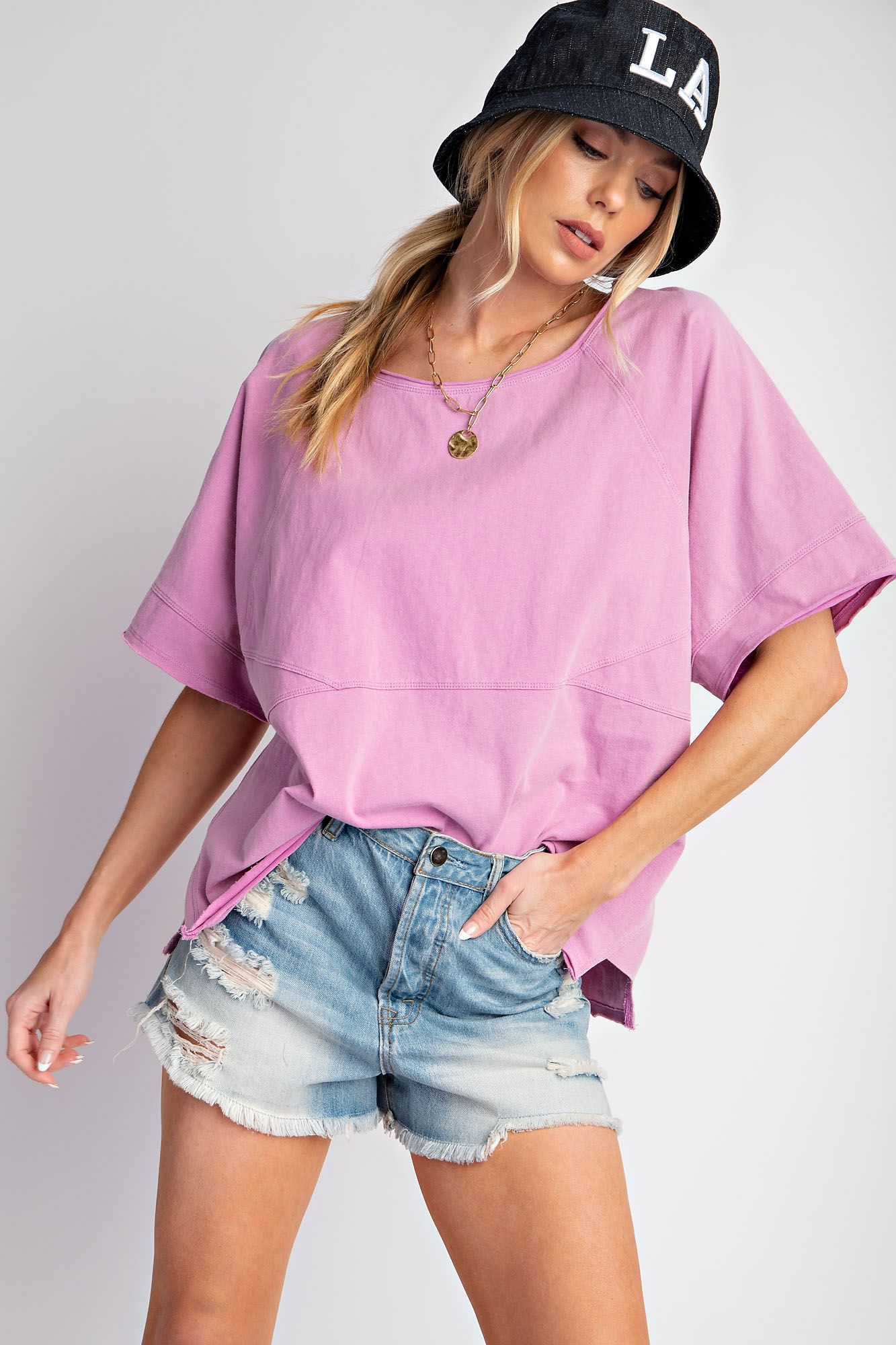 Short Sleeve Mineral Washed Jersey Top in Lilac Pink - Buttercup Lynne Boutique