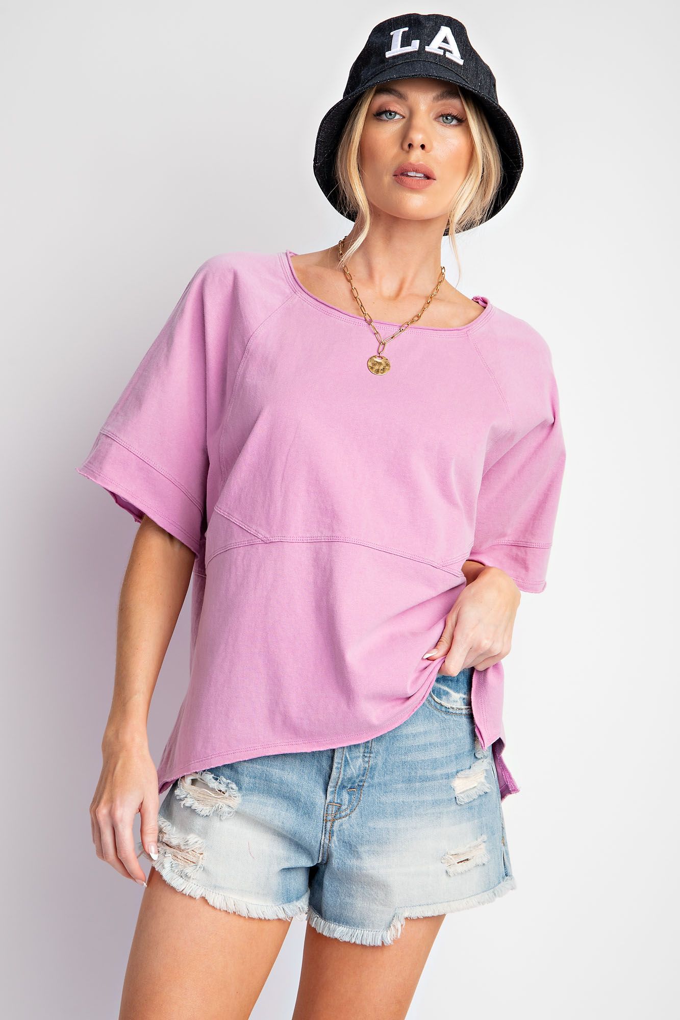 Short Sleeve Mineral Washed Jersey Top in Lilac Pink - Buttercup Lynne Boutique