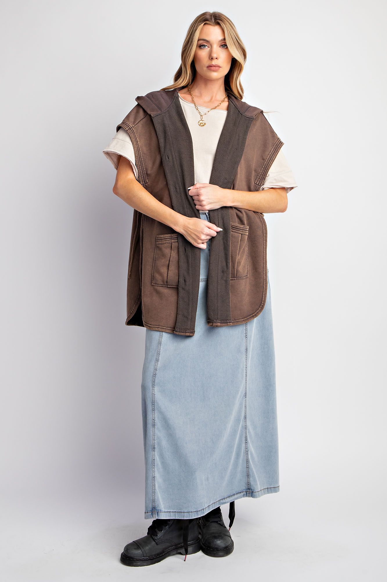 Button Down Mineral Washed Hooded Vest - Buttercup Lynne Boutique