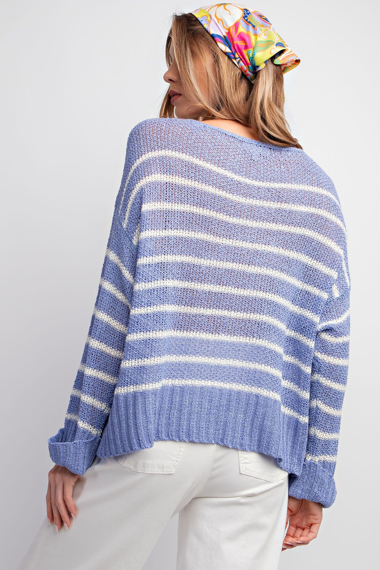 Knitted Sweater - Relaxed Fit - Periwinkle with White Stripes - Buttercup Lynne Boutique