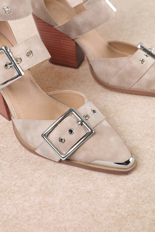 Mi.im beige buckle strap heeled sandals with stacked block heel and metal toe detail