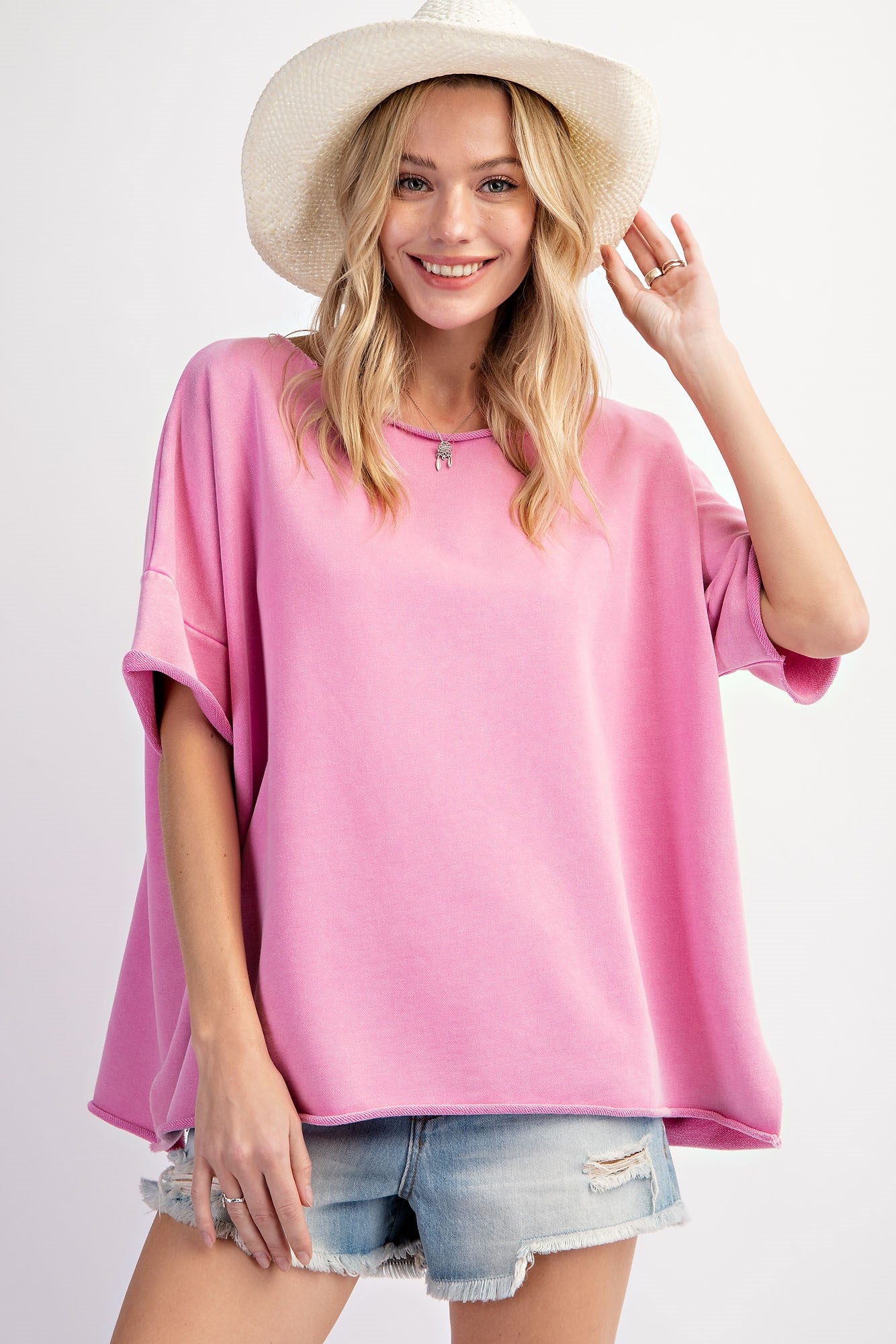 Terry Knit Short Sleeve Acid Wash Top - Malibu Pink - Buttercup Lynne Boutique