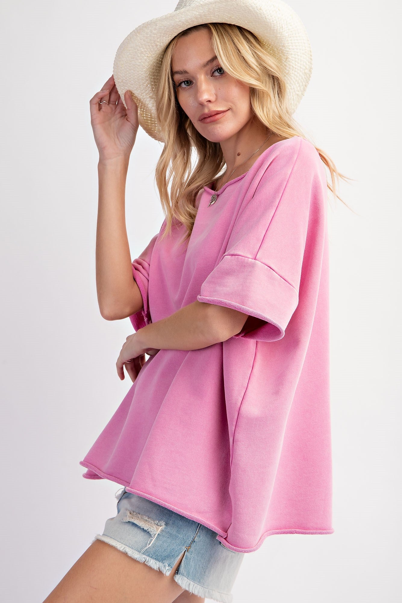Terry Knit Short Sleeve Acid Wash Top - Malibu Pink - Buttercup Lynne Boutique
