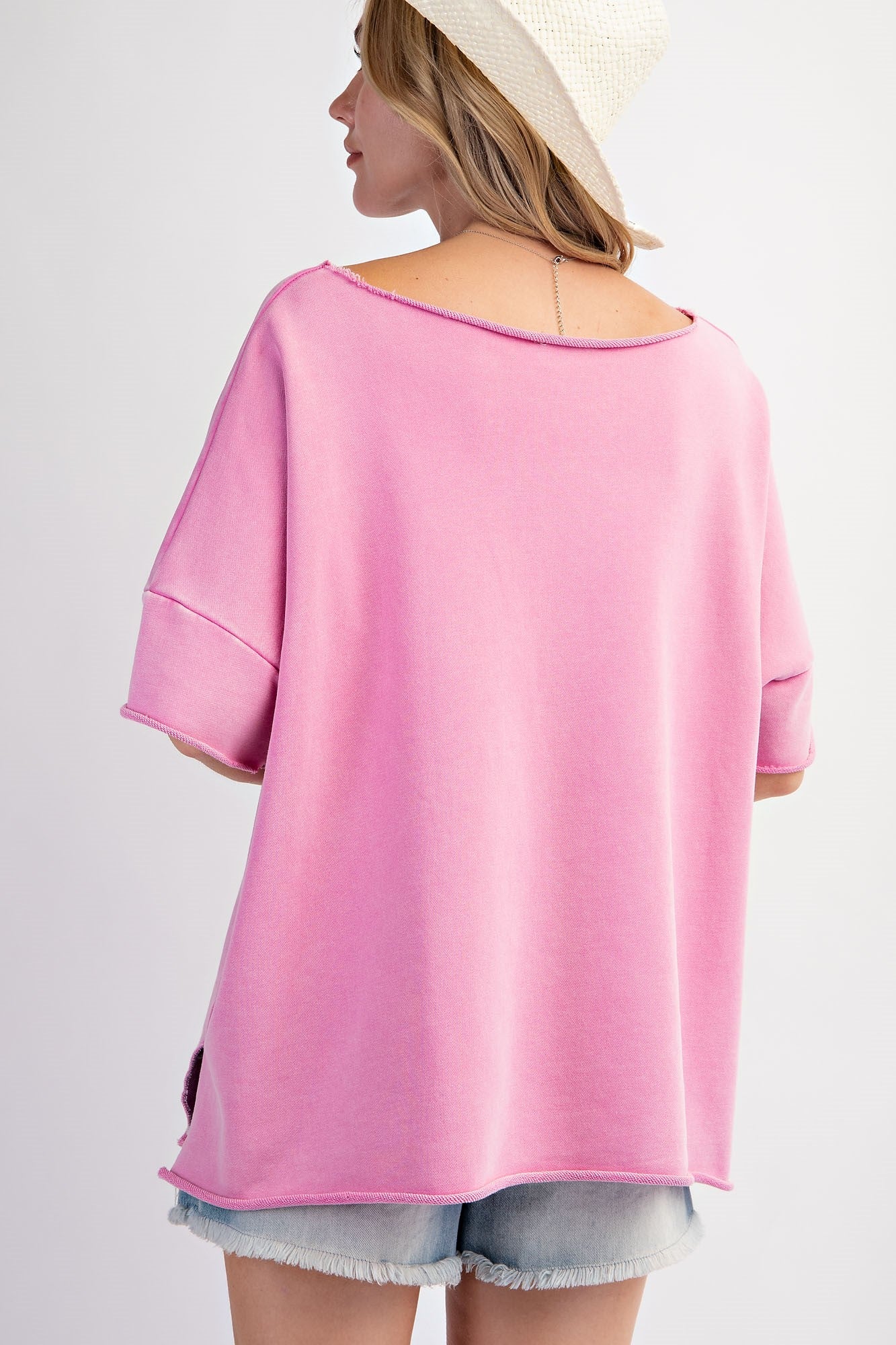 Terry Knit Short Sleeve Acid Wash Top - Malibu Pink - Buttercup Lynne Boutique