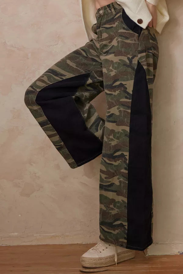 Camouflage Wide Leg Pants with Contrast Panels - Buttercup Lynne Boutique