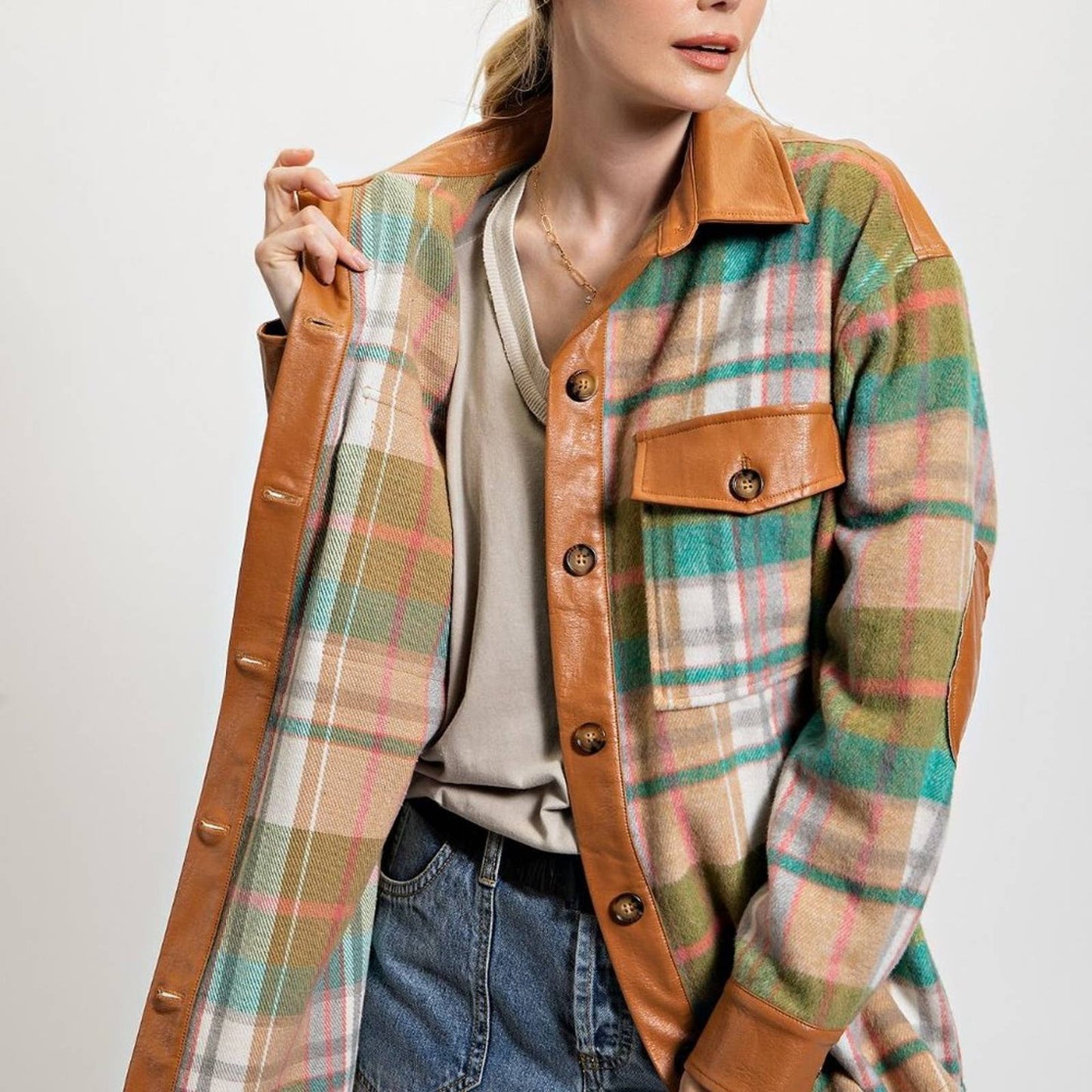 Plaid Button Down Shacket - Green - Brown - Buttercup Lynne Boutique