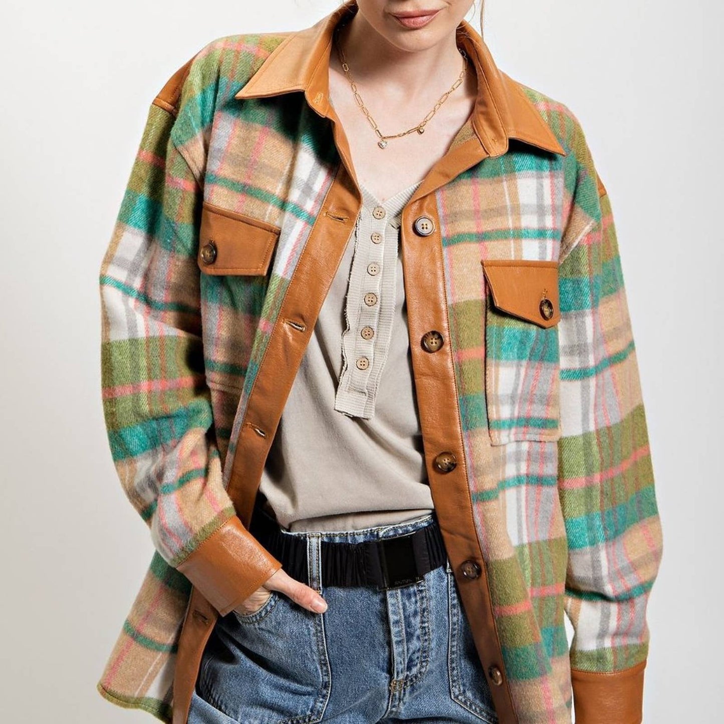 Plaid Button Down Shacket - Green - Brown - Buttercup Lynne Boutique