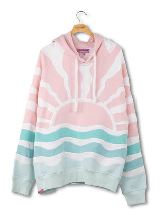 Simply Southern pastel pink hoodie with sunrise and teal wave print design
