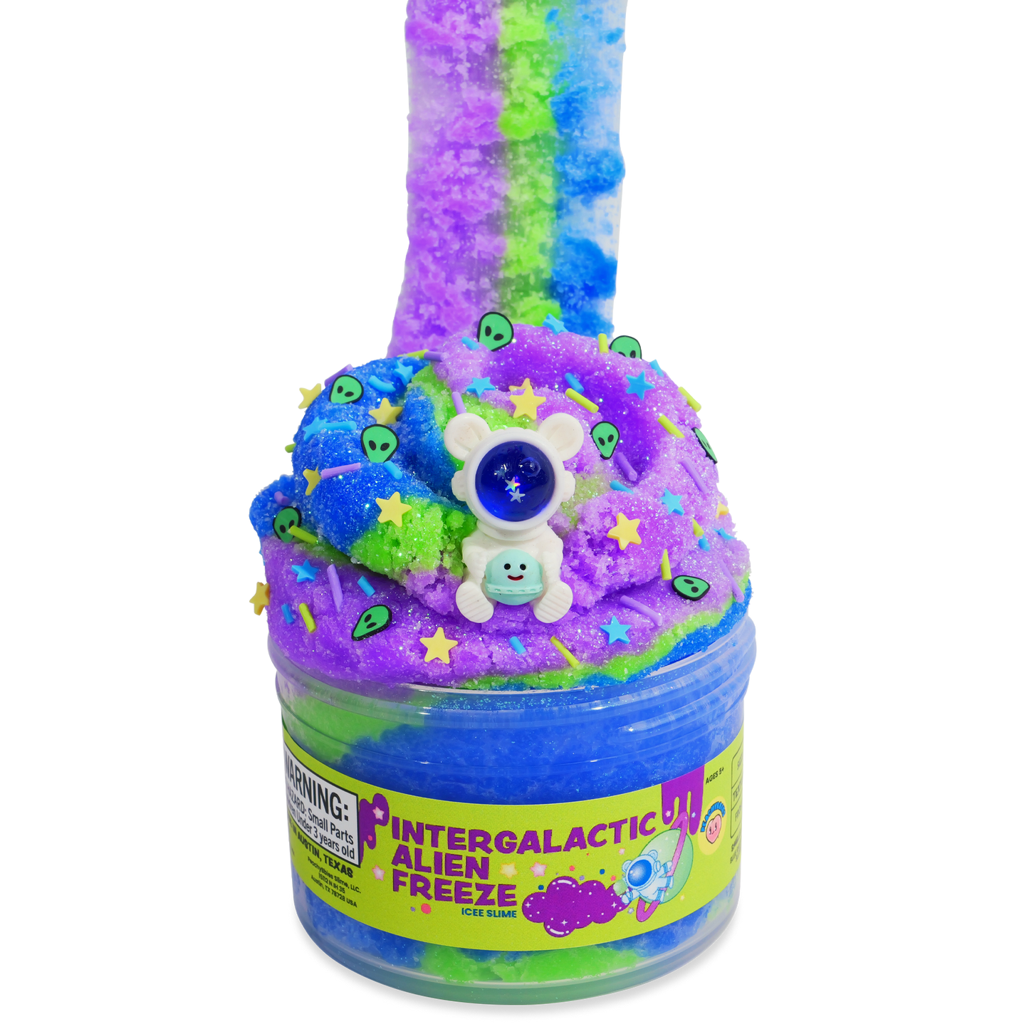 Peachybbies Intergalactic Alien Freeze slime in container with blue purple green colors
