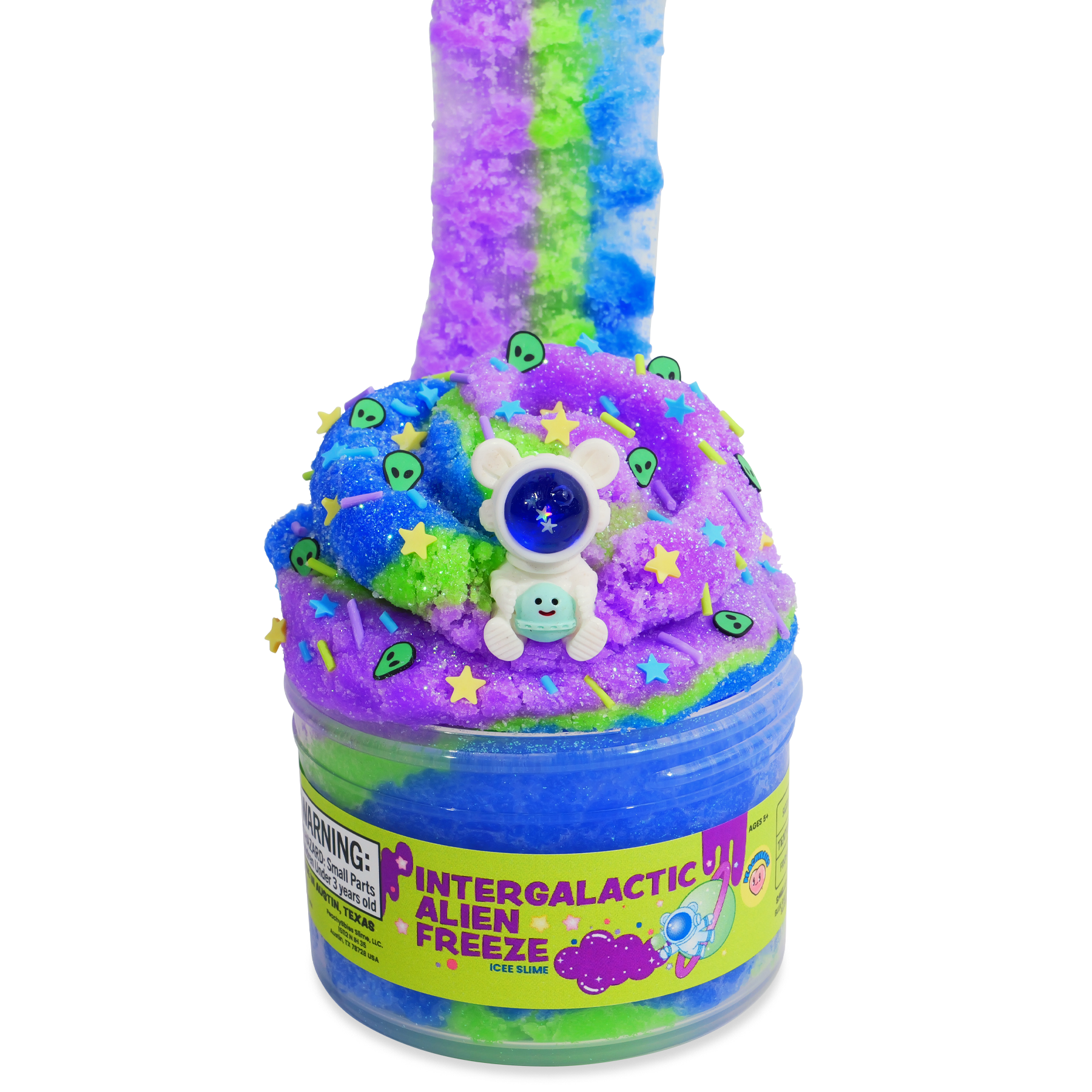 Peachybbies Intergalactic Alien Freeze slime in container with blue purple green colors
