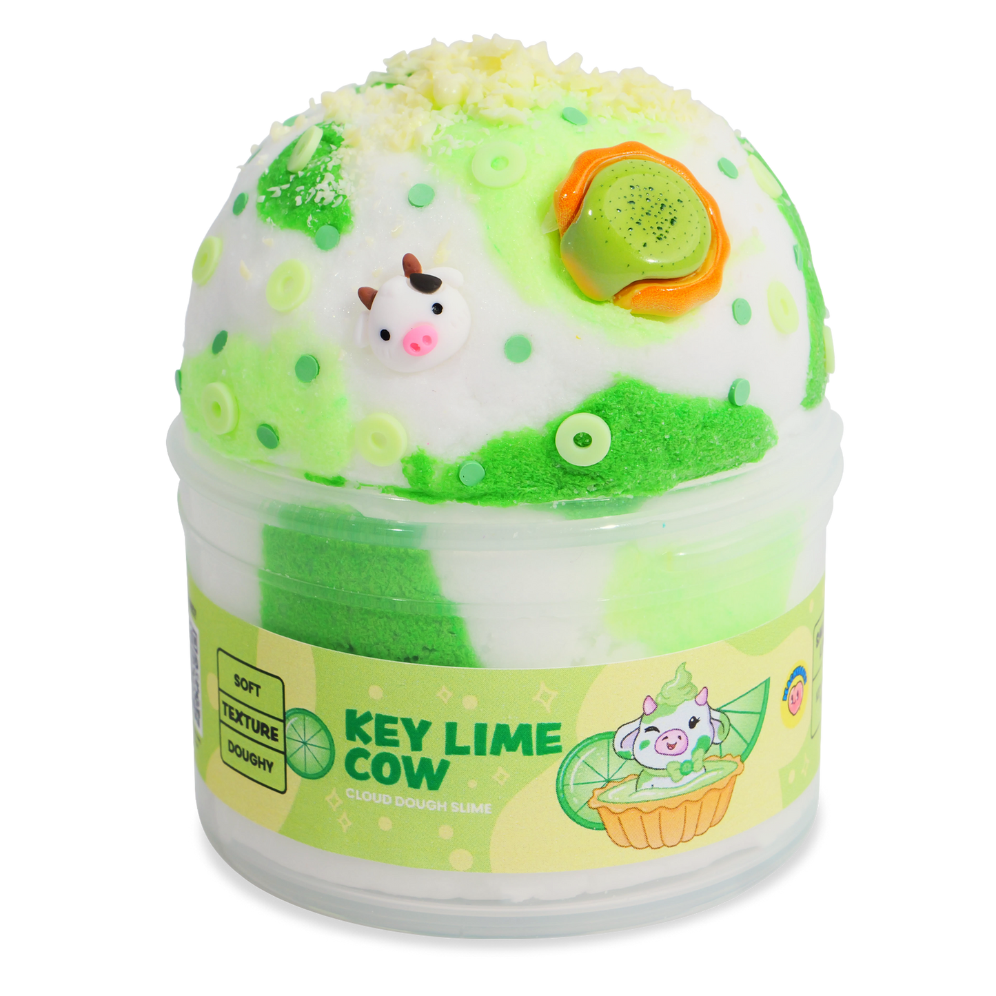 Key Lime Cow cloud dough slime in clear container with cow decorations