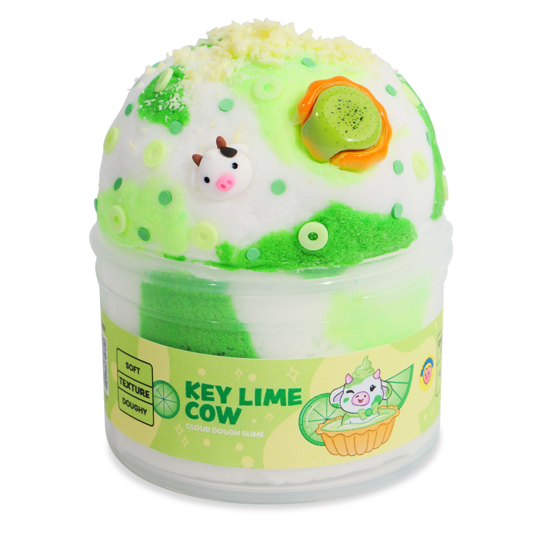 Key Lime Cow cloud dough slime in clear container with cow decorations
